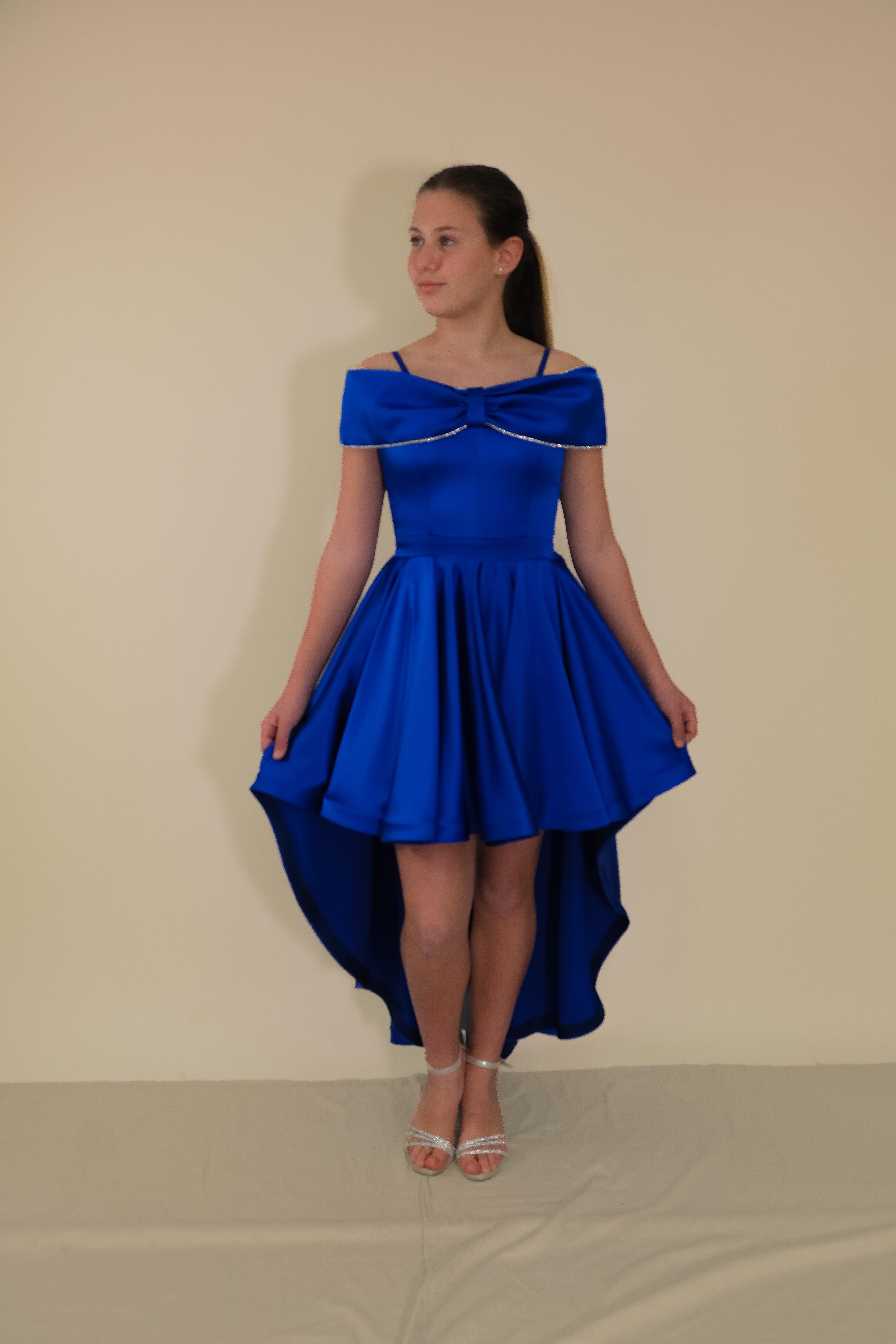 Kız Çocuk Abiye Saksmavi Saten Kurdela Yaka Düşük Omuz Askılı Önü Kısa Kuyruklu Abiye Elbise 10-15 Yaş