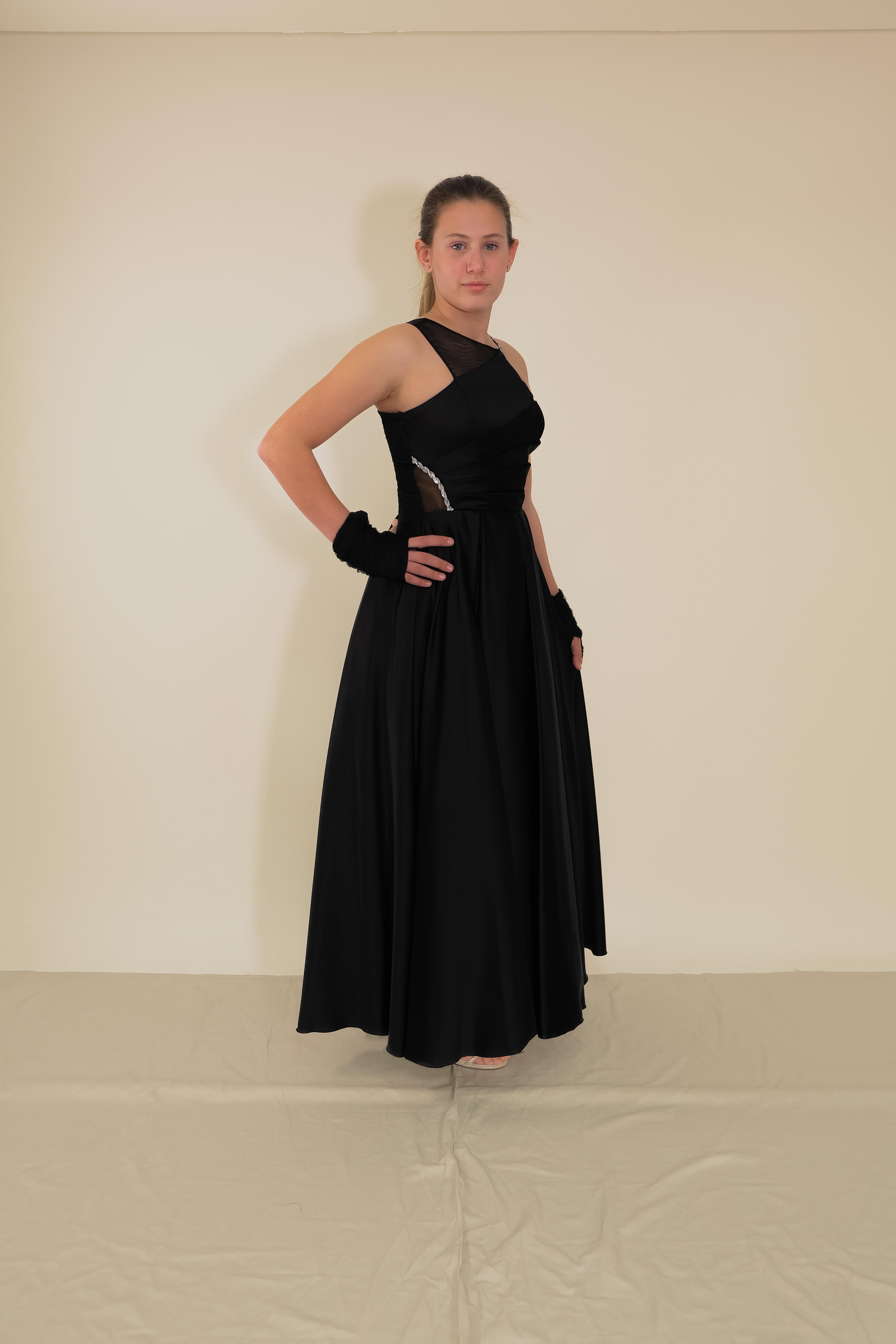 Kız Çocuk Abiye Siyah Uzun Saten  Asimetrik Yaka Örgü Taş Askı Tül Eldivenli Abiye Elbise 10-15 Yaş