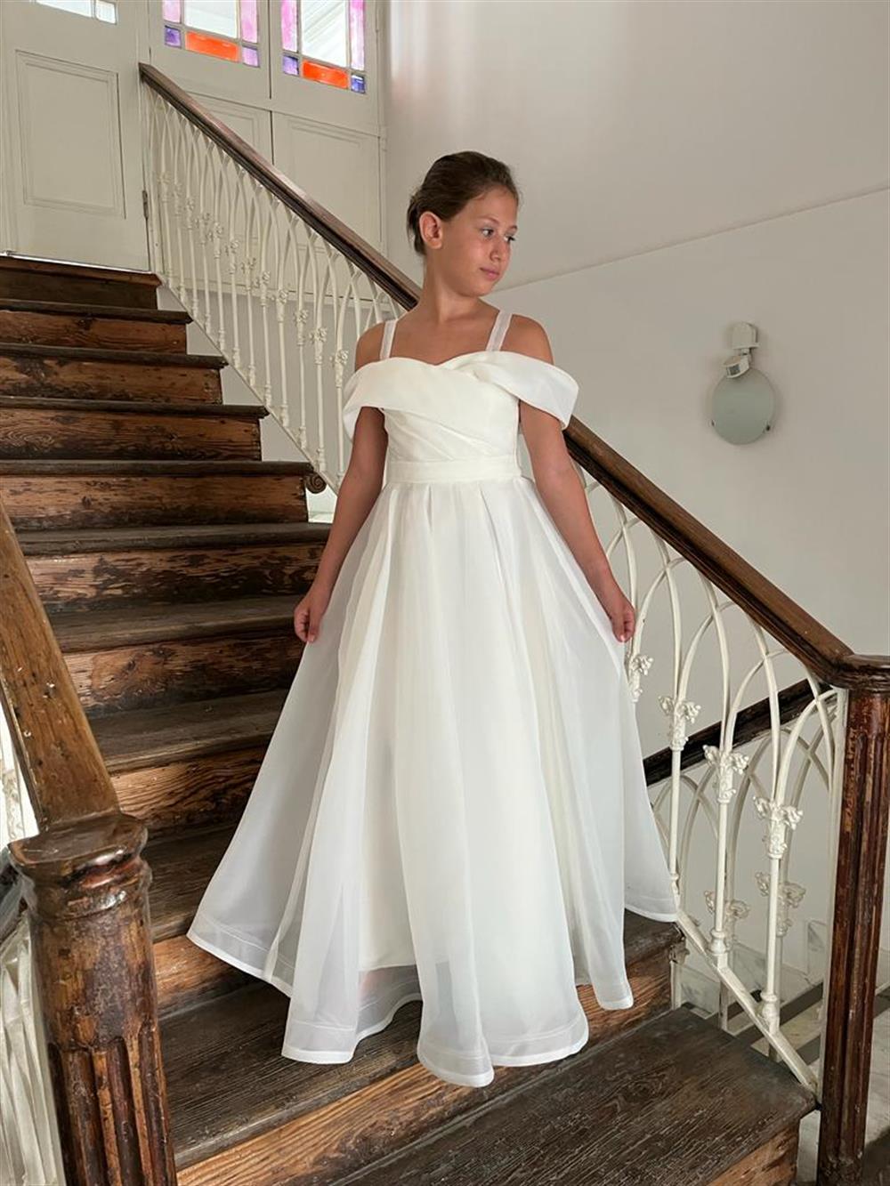 Kız Çocuk Askılı Düşük Omuz Detaylı Şifon Prenses Kesim Uzun Abiye Elbise 8-15 Yaş