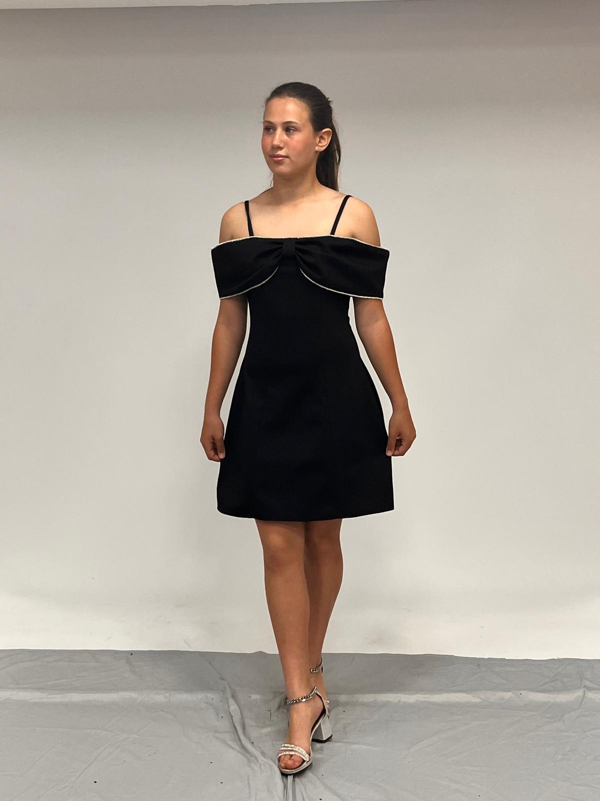 Siyah kısa kol detaylı Kız Çocuk Abiye Elbise 10-16 yaş 