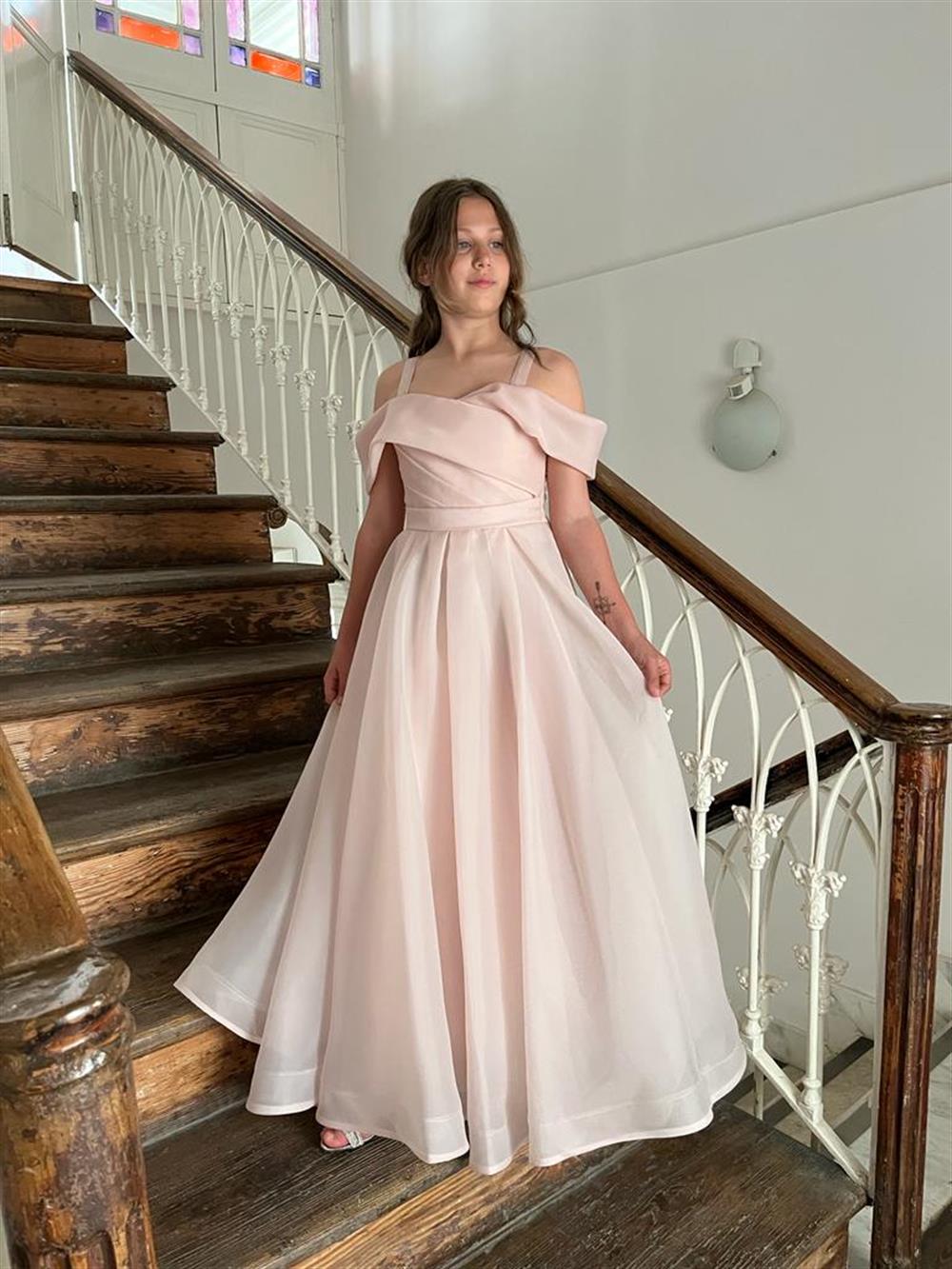 Kız Uzun Pudra Askılı Şifon Abiye 10-14 Yaş 