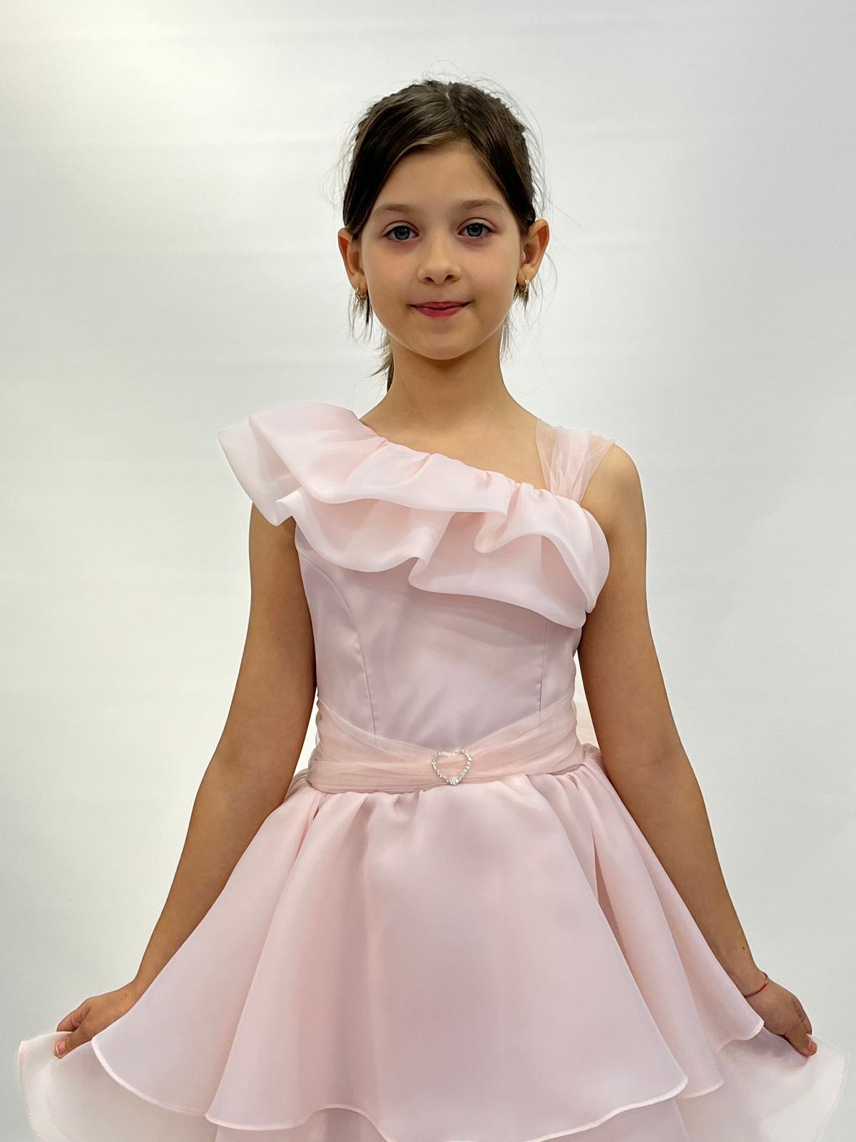 Kız Çocuk Abiye Pudra Kalp Tokalı Tek Omuz Detaylı Abiye Elbise 6-10 Yaş