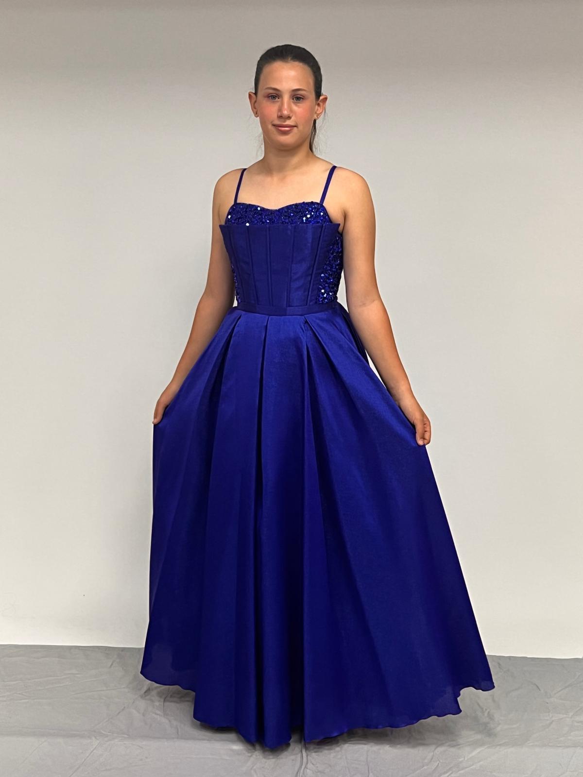 Kız Çocuk Abiye Saks Mavi Tafta Uzun Pül  Payet İşlemeli Biyeli Korseli Abiye Elbise 10-15 Yaş