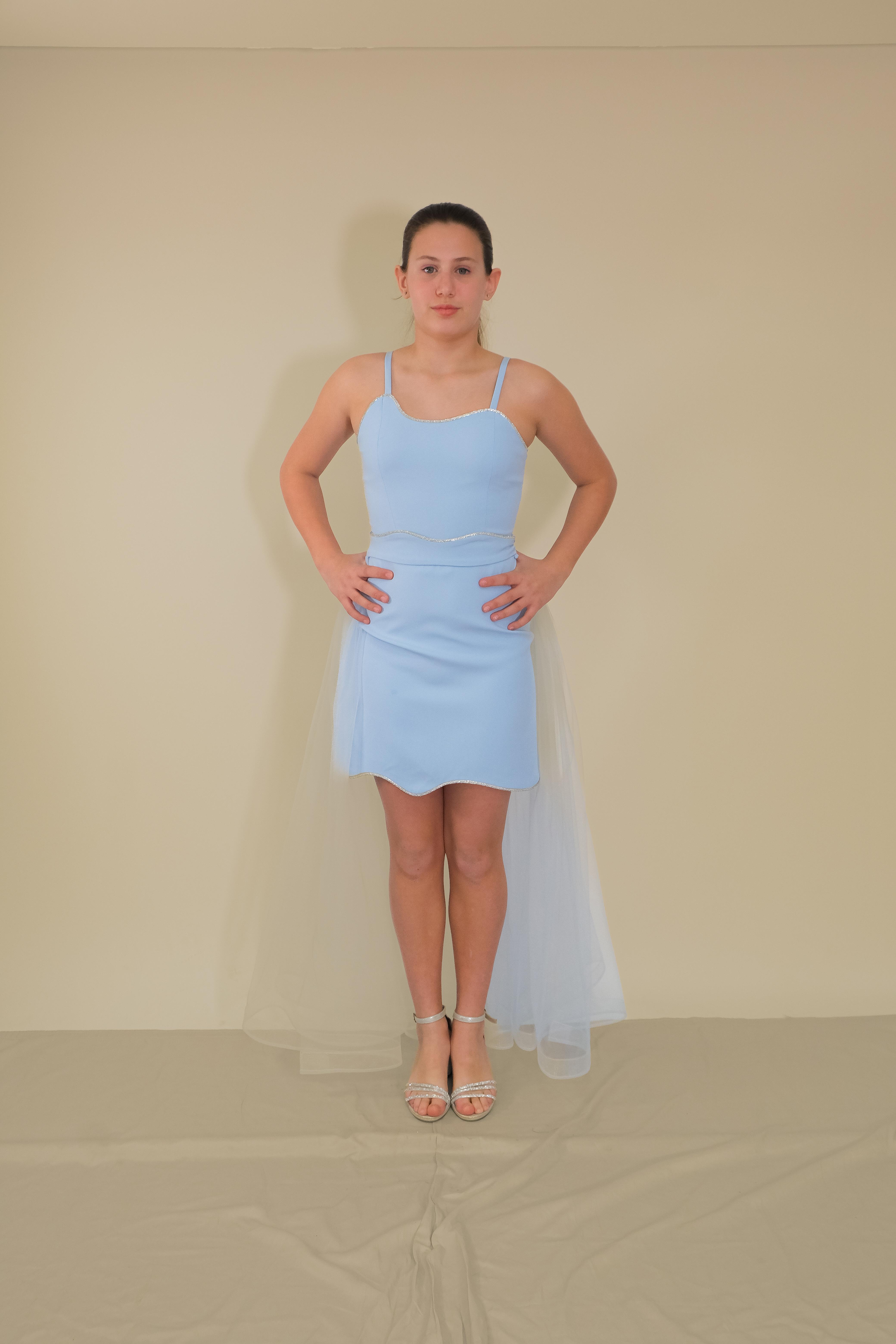 Kız Çocuk Abiye Krep Kumaş Bebe Mavi Mini Şerit Taşlı Askılı Çıkabilen Tül Kuyruklu Abiye Elbise 10-15 Yaş