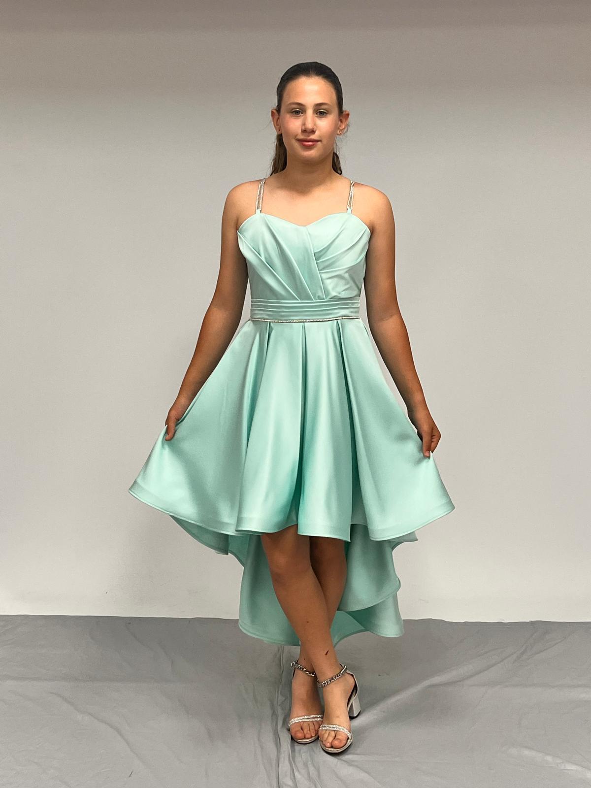 Kız Çocuk Abiye MintYeşili Taş Kordon Askılı Kalp Yaka  Mat Saten Kuyruklu Abiye Elbise 10-15 Yaş