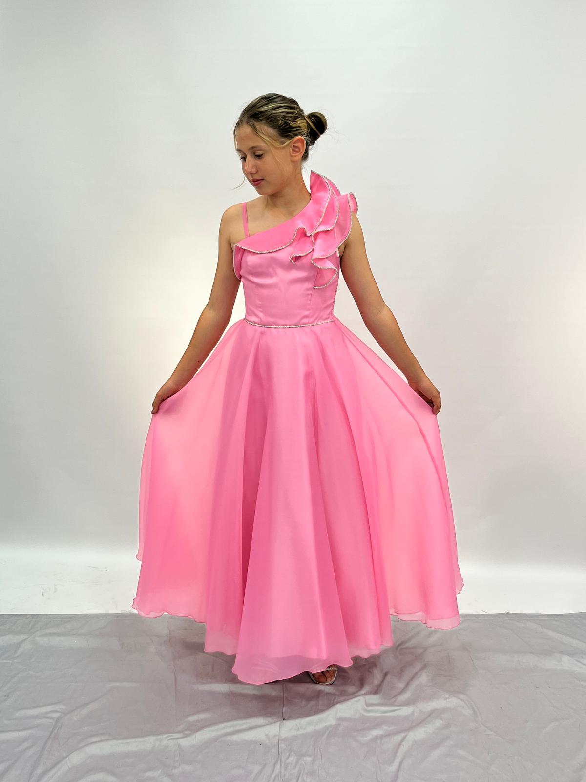 Kız Çocuk Abiye Pembe Uzun Tül Omuz Detaylı Abiye Elbise 10-15 Yaş