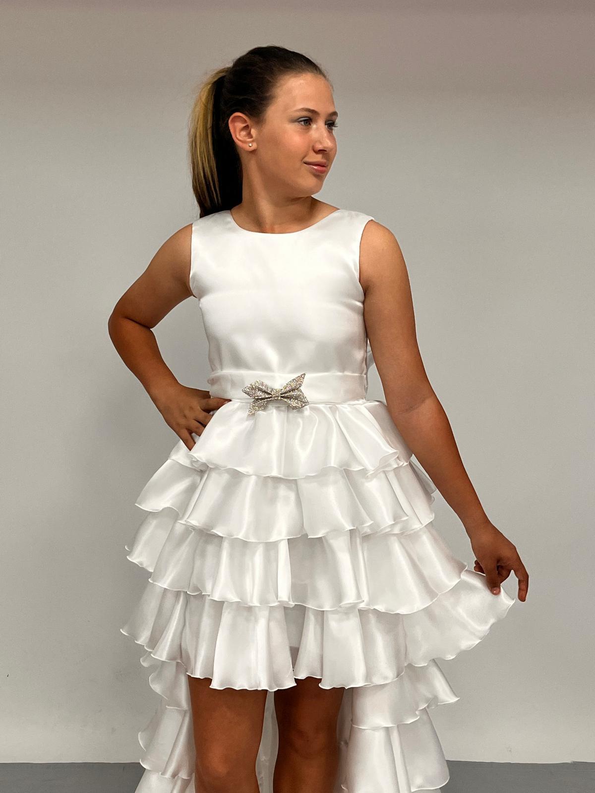 Kız Çocuk Abiye Kat Kat Kuyruklu Beyaz Saten Kuşaklı Abiye Elbise 7-15 Yaş