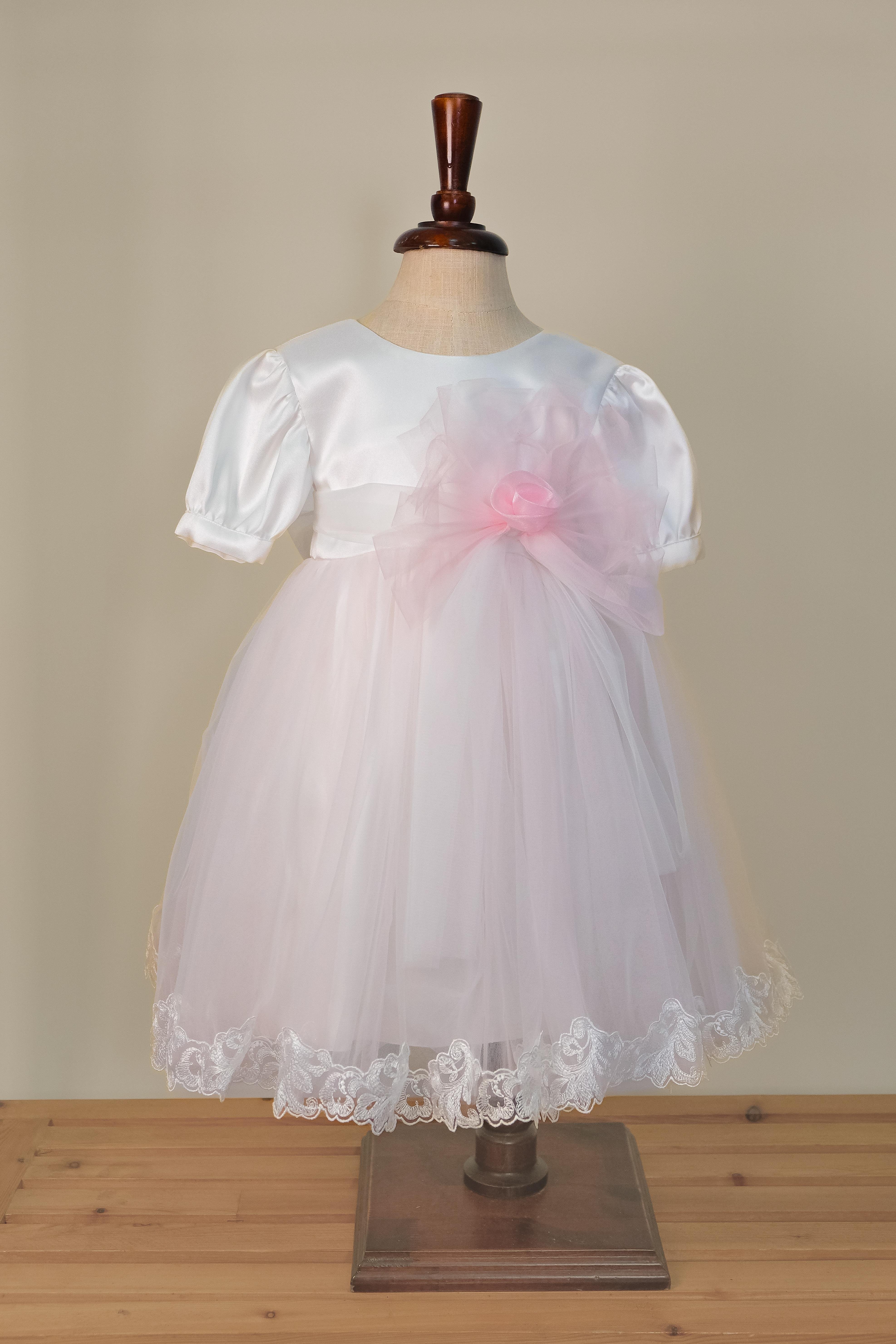 Kız Çocuk Karpuz Kollu Pembe Çiçekli Abiye Elbise 9-36 Ay