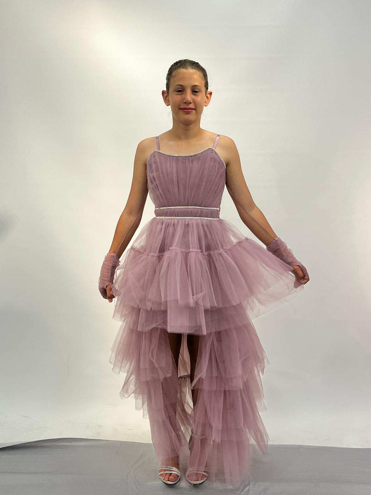 Kız Çocuk Abiye Lila Askılı Eldivenli Kuyruklu Straplez Olabilen Abiye Elbise 10-15 Yaş