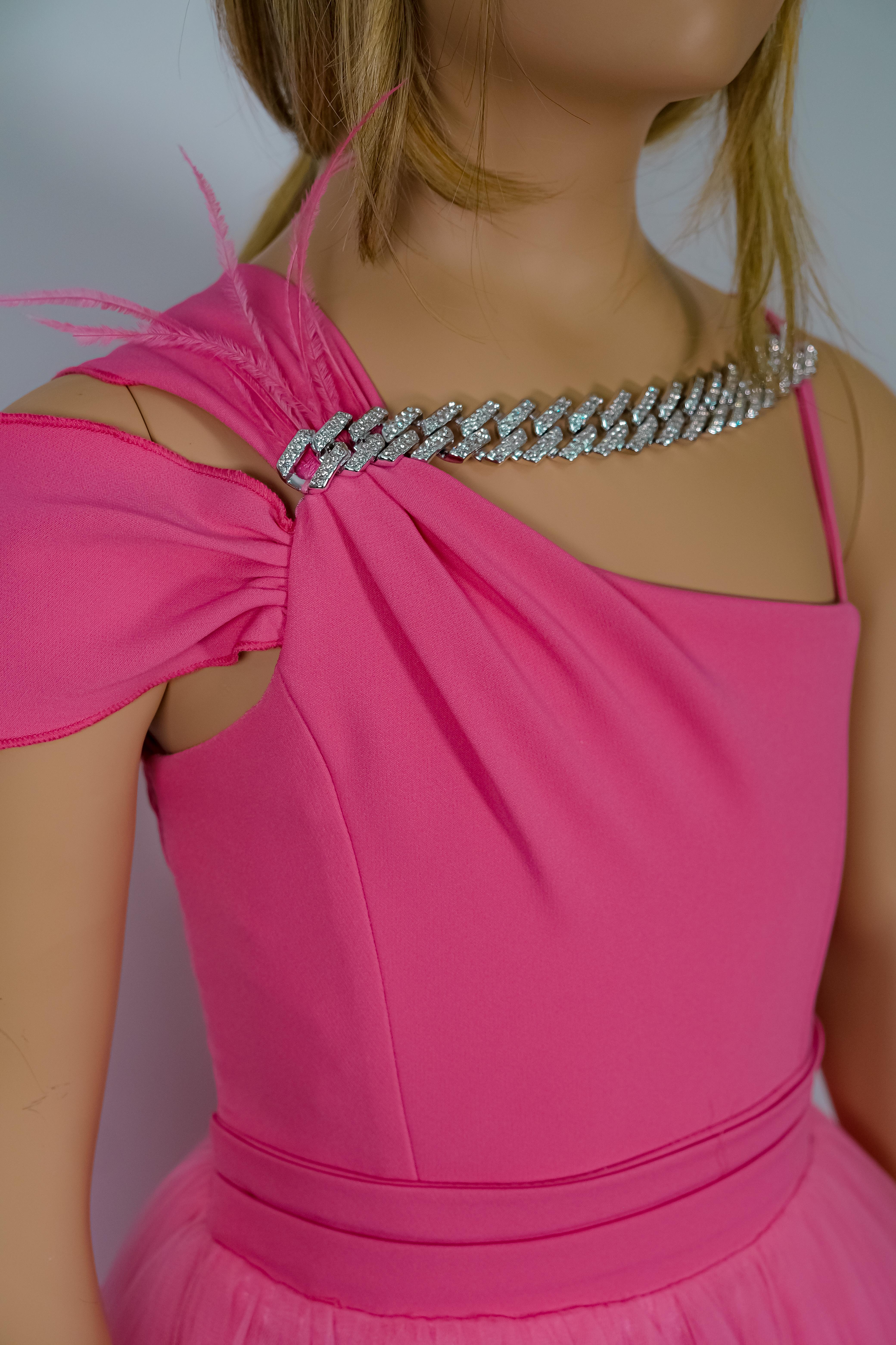 Kız Çocuk Abiye Elbise Pembe Yakası Taşlı Abiye Elbise 5-10 Yaş