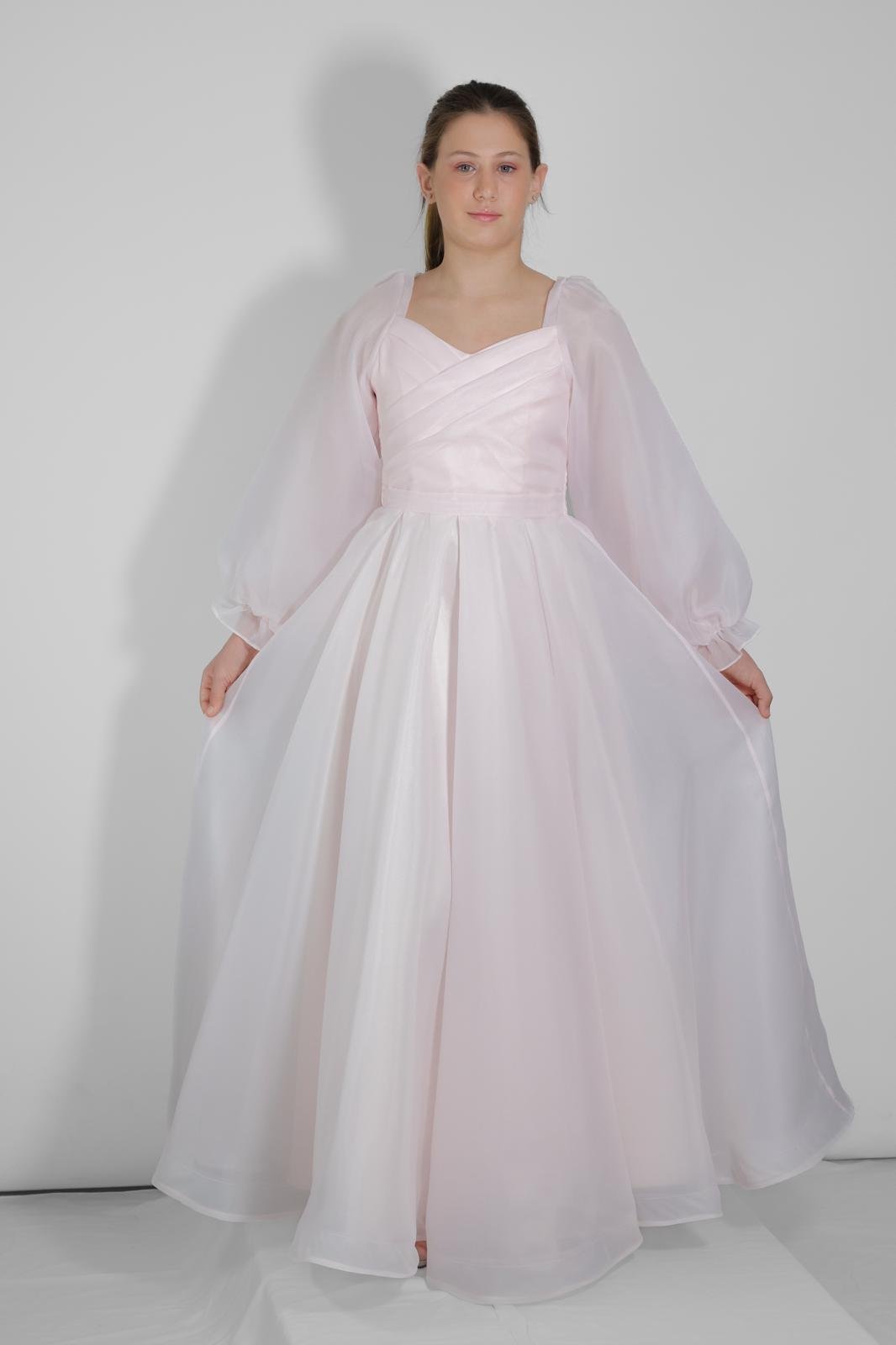 Kız Çocuk Abiye Şifon Uzun Kollu  Pudra Drape Yakalı Abiye Elbise 10-14 Yaş