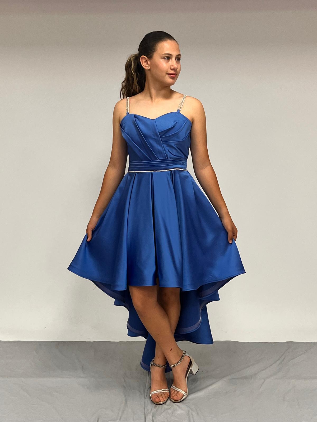 Kız Çocuk Abiye İndigo Taş Kordon Askılı Kalp Yaka  Mat Saten Kuyruklu Abiye Elbise 10-15 Yaş