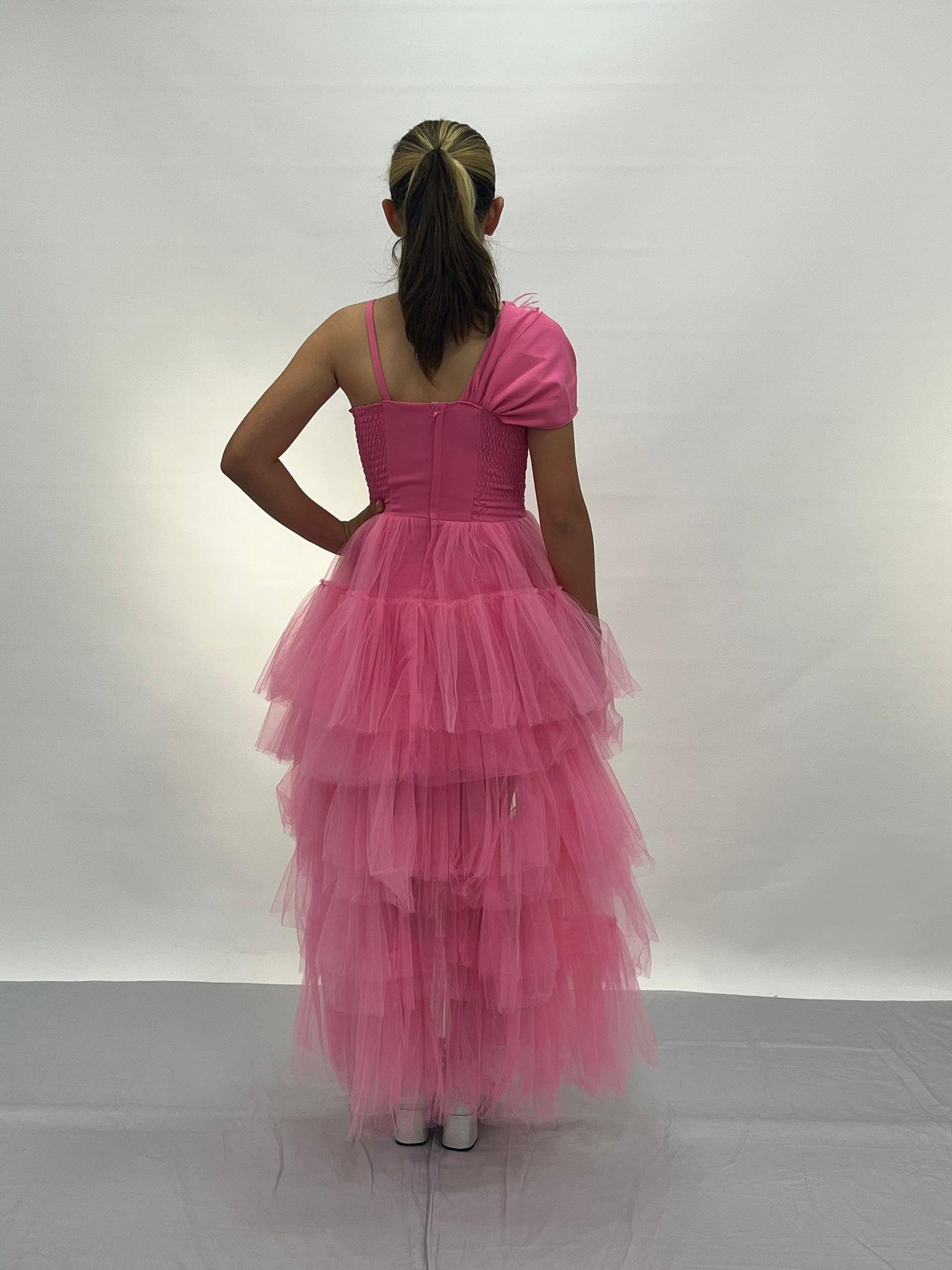 Kız Çocuk Abiye Pembe Tüllü Önü Kısa Kuyruklu Yaka Zincirli Abiye 10-15 Yaş