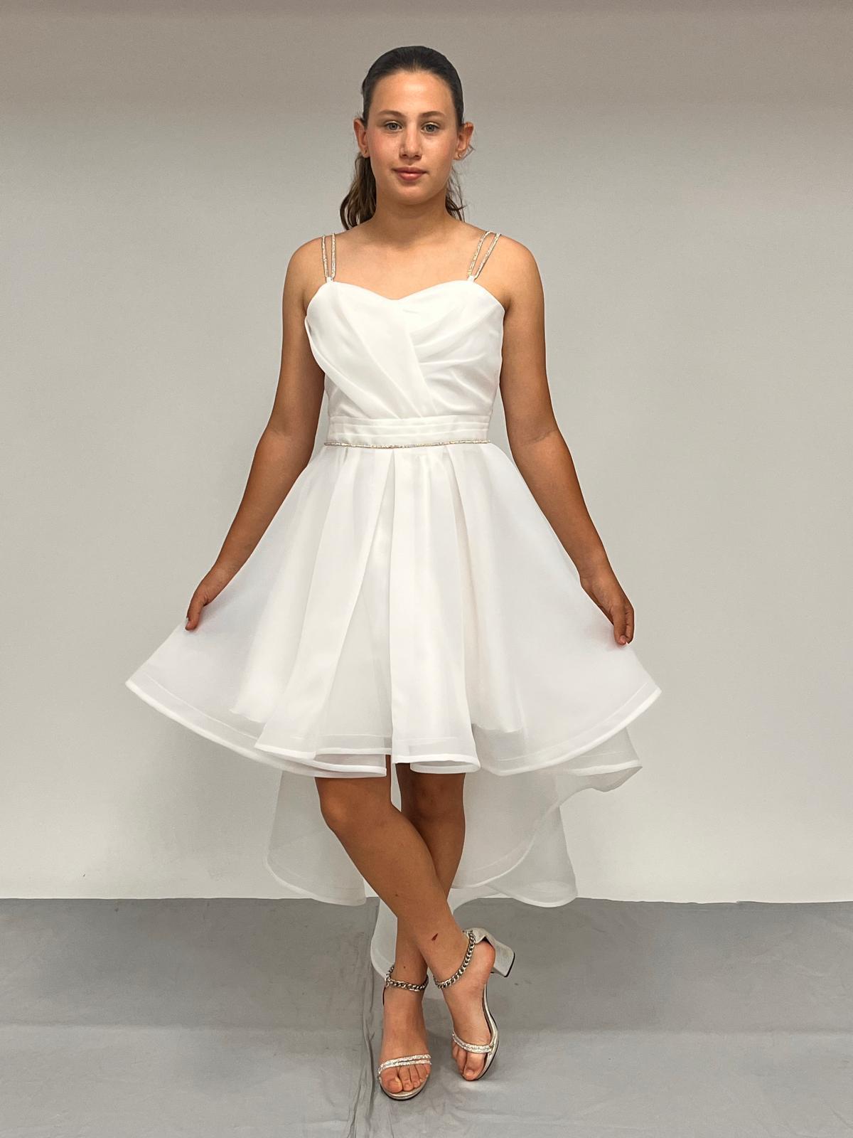 Kız Çocuk Abiye Beyaz  Taş Kordon Askılı Kalp Yaka  Kuyruklu  Şifon Abiye Elbise 10-15 Yaş