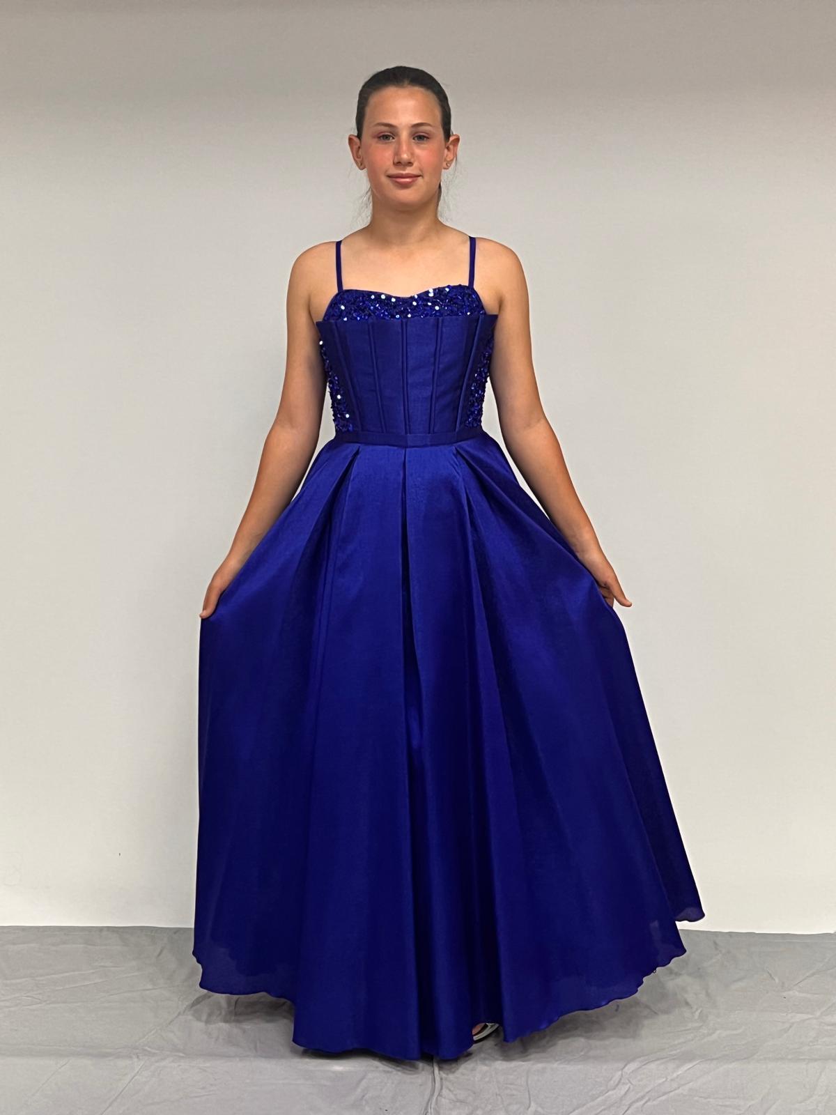 Kız Çocuk Abiye Saks Mavi Tafta Uzun Pül  Payet İşlemeli Biyeli Korseli Abiye Elbise 10-15 Yaş