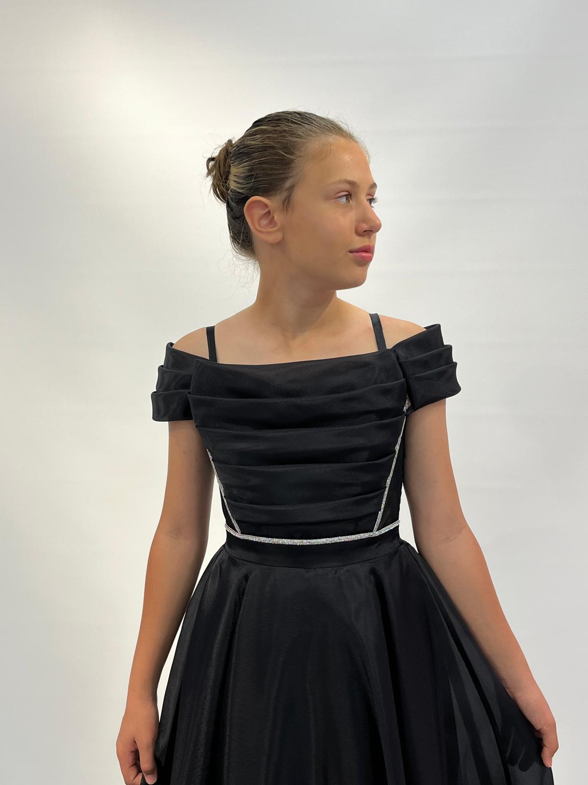 Kız Çocuk Abiye Siyah Askılı  Uzun Şifon Kolları Çıkabilen Drape Yaka  Abiye Elbise 10-15 Yaş