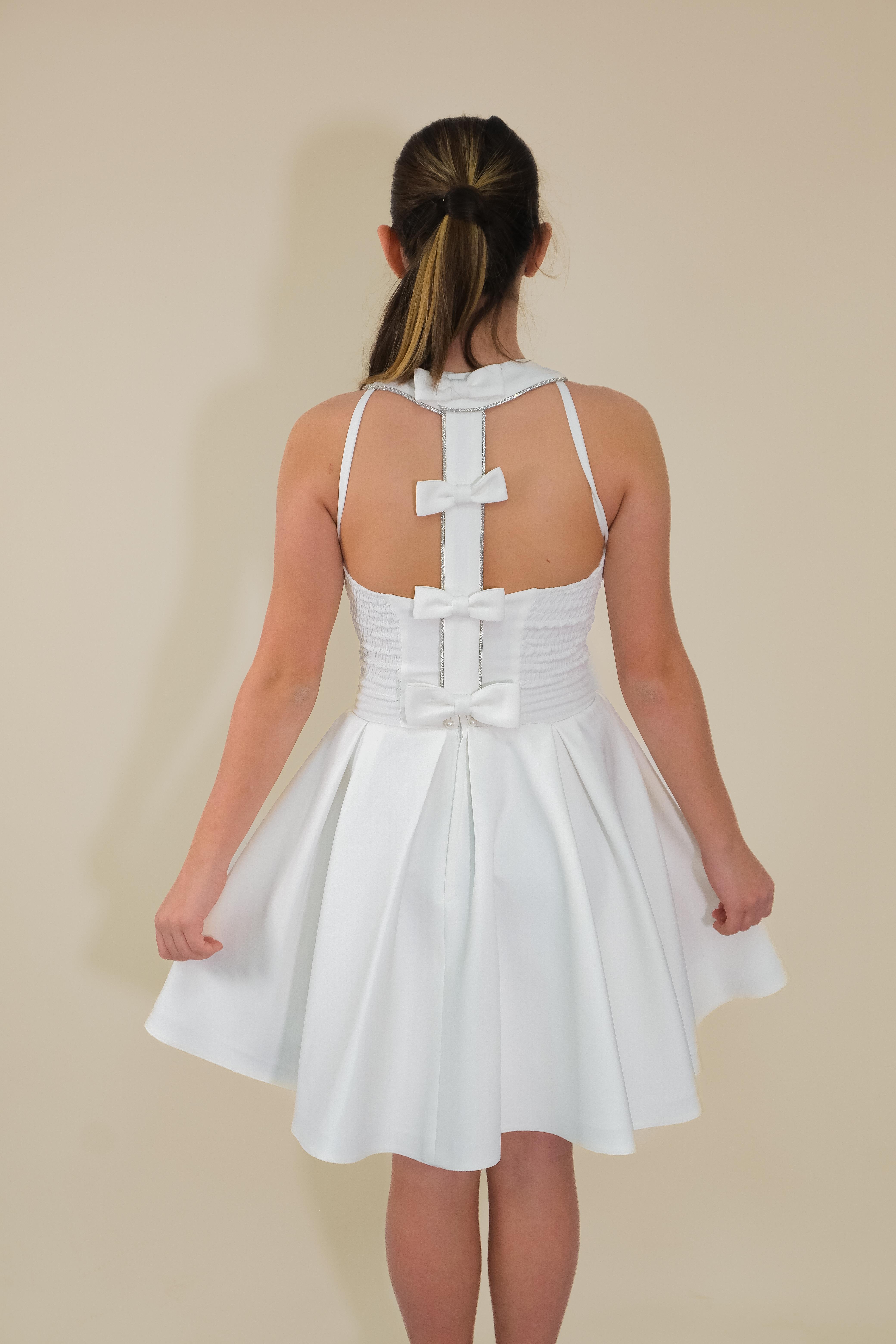 Kız Çocuk Abiye Krem Krep Kumaş Halter Yaka Sırt Fiyonk Şerit Taş Detaylı Abiye 10-15 Yaş