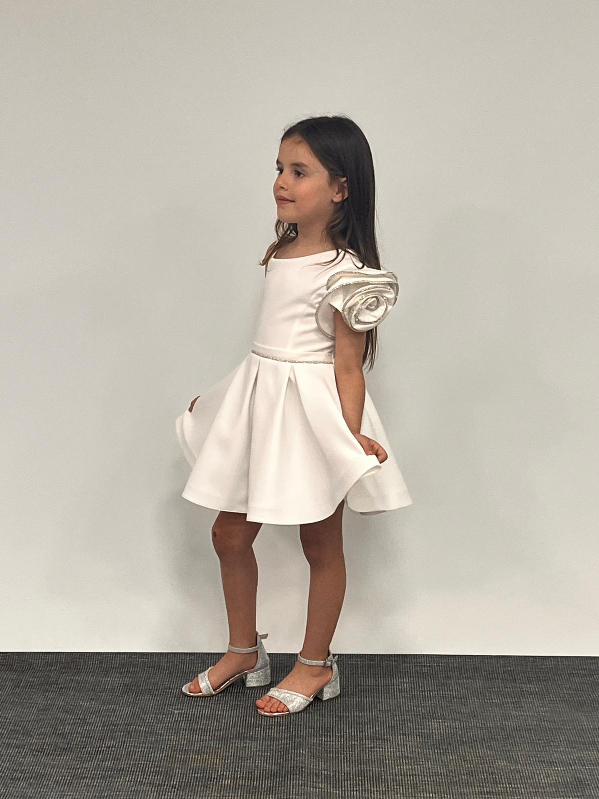 Kız Çocuk Abiye Krem Kısa Tek  Omuz Gül  Detaylı Krep Kumaş Abiye Elbise 5-10 Yaş