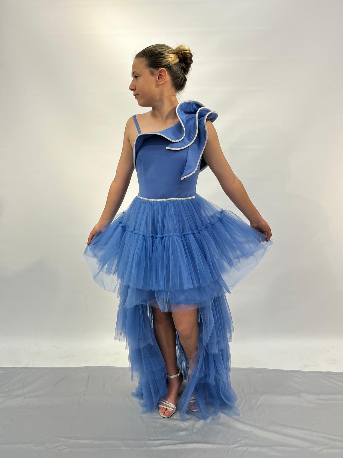 Kız Çocuk Abiye İndigo Kuyruklu Yakası Volanlı Taş İşLEMELİ Abiye Elbise 10-15 Yaş