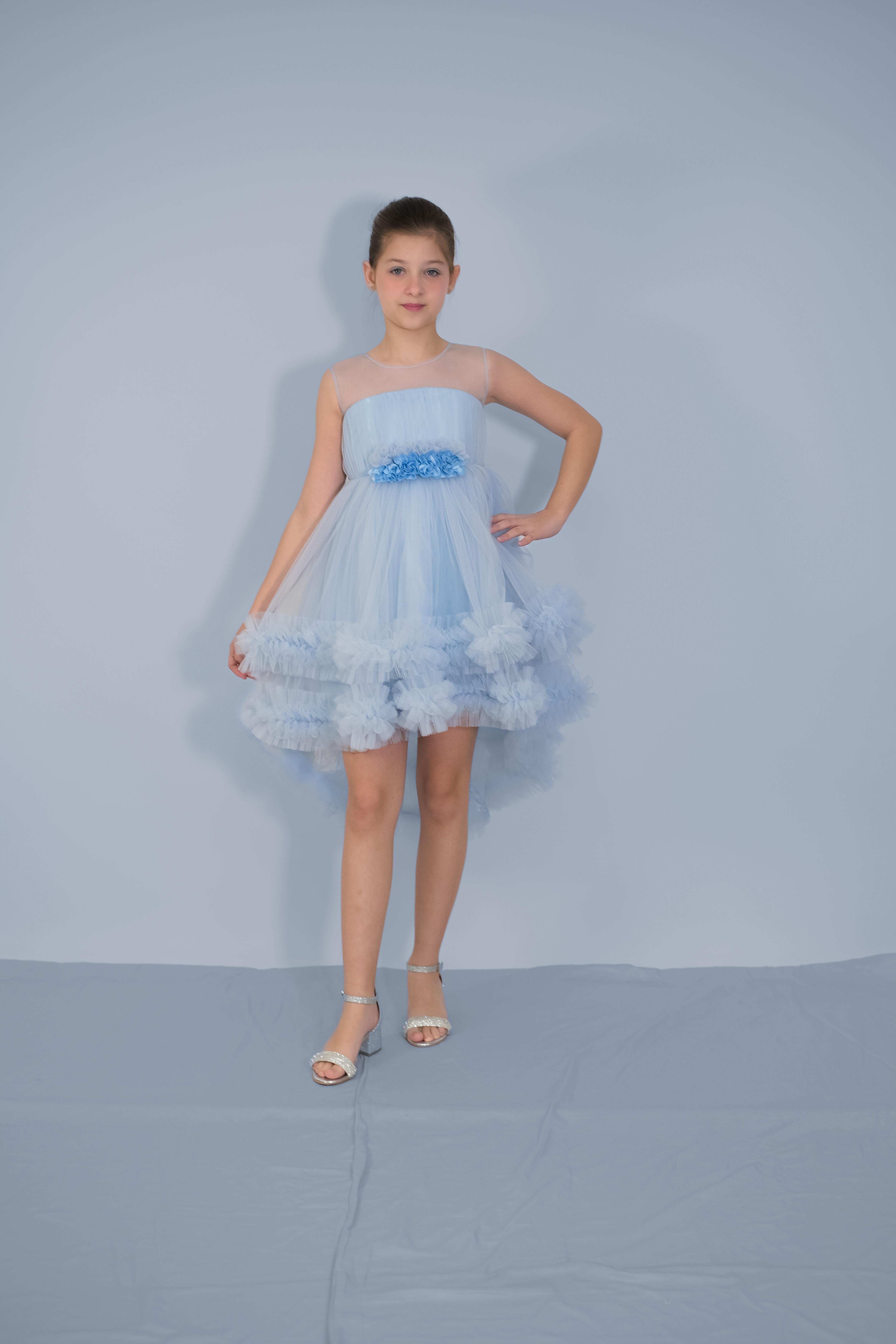 Kız Çocuk Abiye Mavi Etekleri Fırfırlı Kuyruklu Beli Çiçekli Abiye 6-10 Yaş