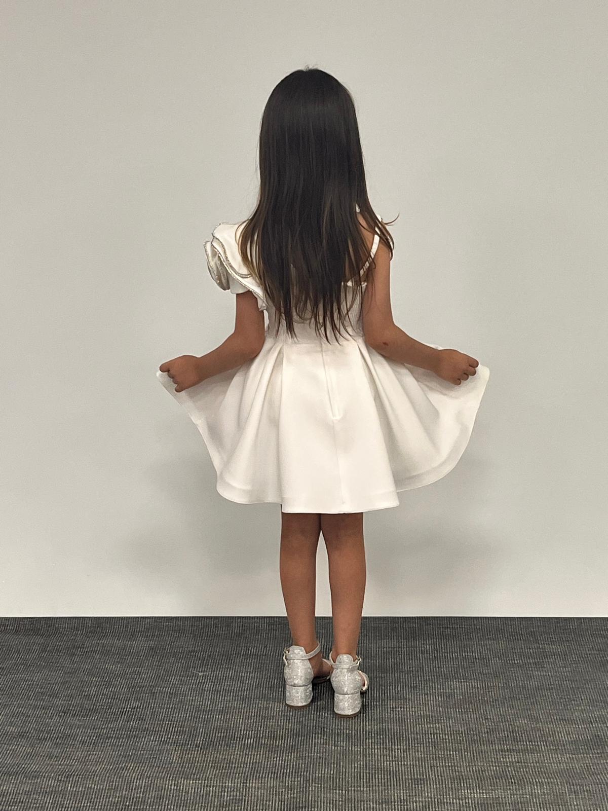 Kız Çocuk Abiye Krem Kısa Tek  Omuz Gül  Detaylı Krep Kumaş Abiye Elbise 5-10 Yaş