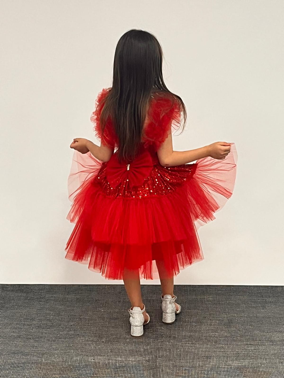 Kız Çocuk Abiye KırmızıTül  Fırfırlı Askılı Pul Payet İşlemeli Tül  Kat Etekli Kısa Abiye Elbise 6-10 Yaş
