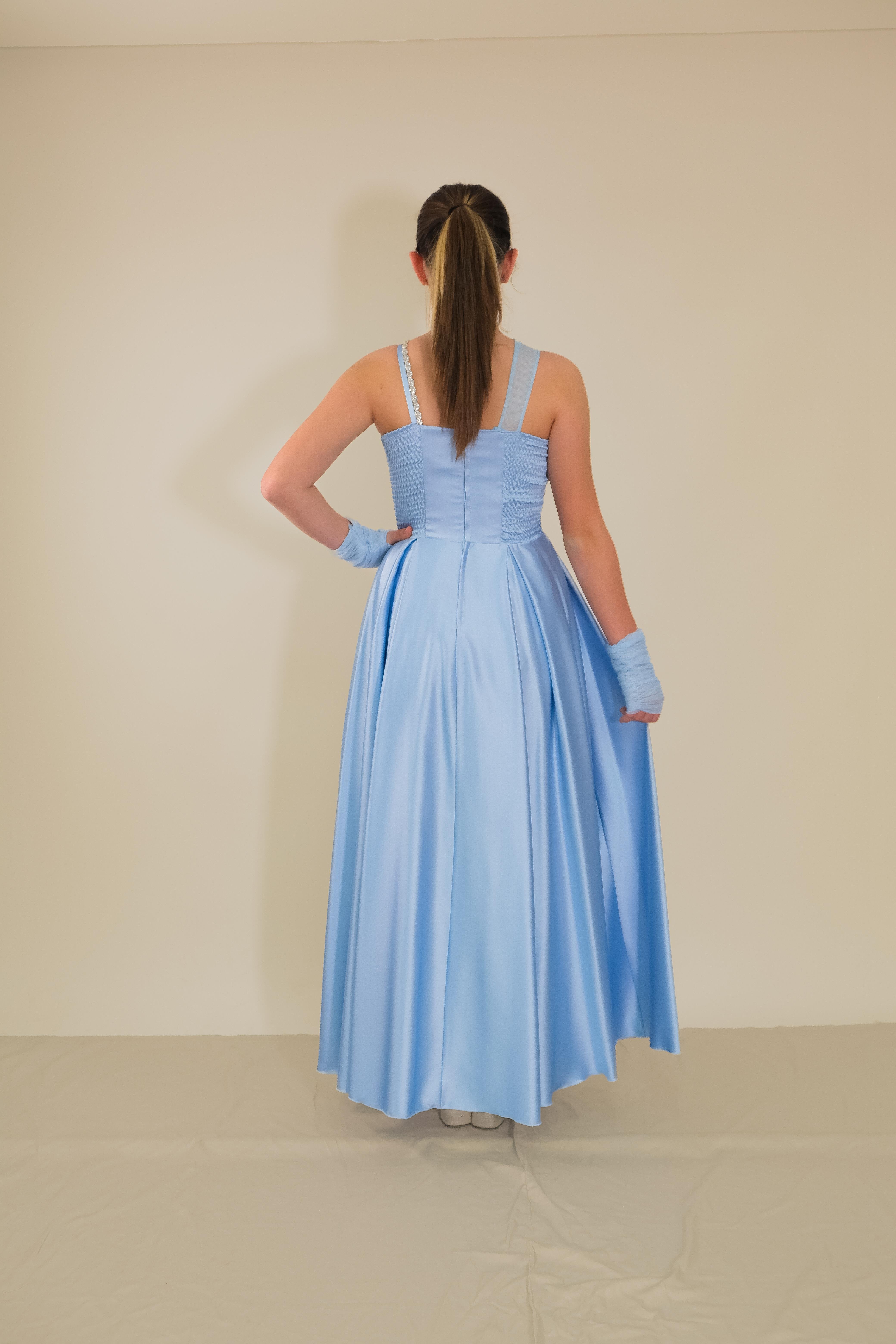 Kız Çocuk Abiye Bebe Mavi Uzun Saten  Asimetrik Yaka Örgü Taş Askı Tül Eldivenli Abiye Elbise 10-15 Yaş