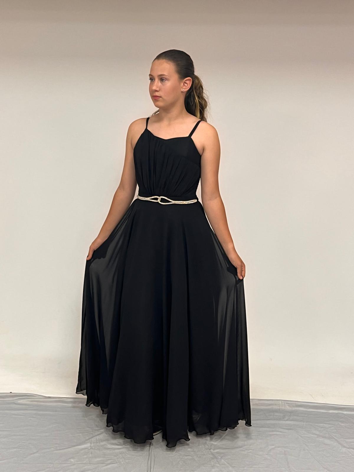 Kız Çocuk Abiye Askılı Siyah  Şifon Drape ve Taş Detaylı  Abiye Elbise 10-15 Yaş