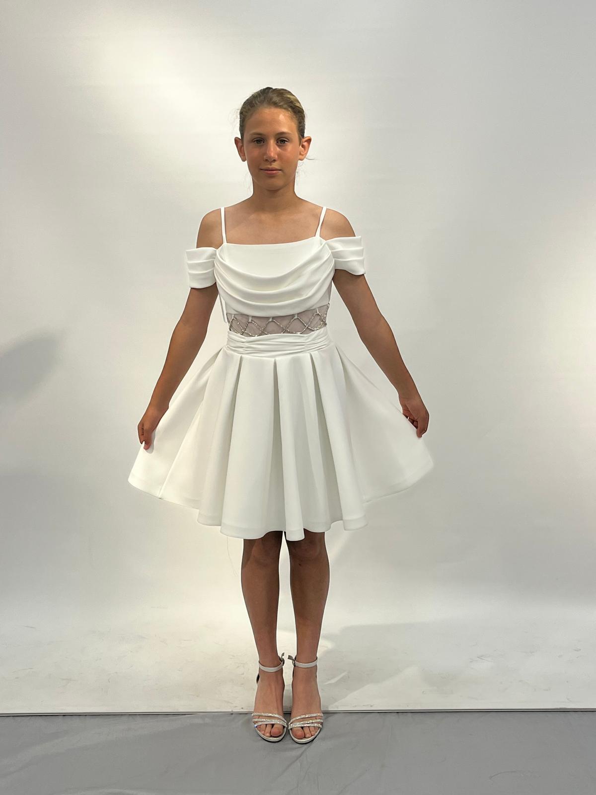 Kız Çocuk Abiye Krem Beli Tül Detaylı Kordonlu Kısa Krep Abiye Elbise 10-15 Yaş