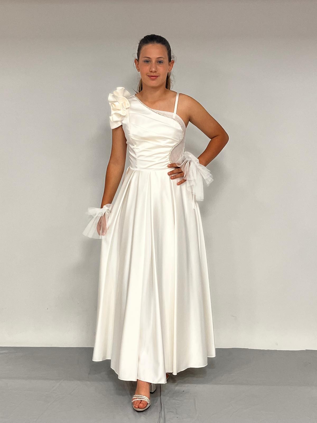 Kız Çocuk Abiye Saten Krem Tek Omuz Farbalı Tül ve Taş Detaylı Eldivenli Abiye Elbise 10-15 Yaş