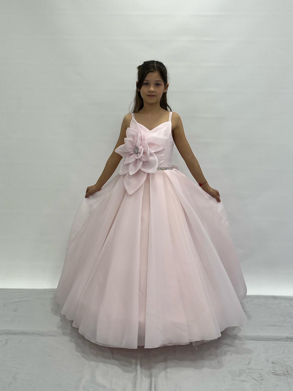 Kız Çocuk Abiye Büyük Çiçekli Taş Detaylı Kasnaklı Çocuk Gelinlik 2-11 Yaş