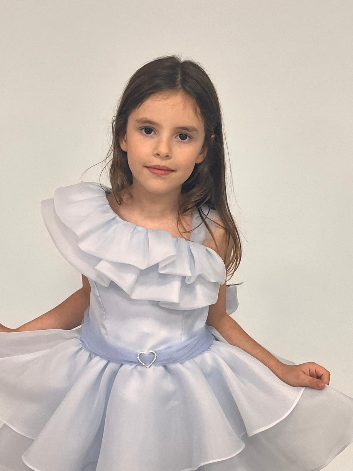 Kız Çocuk Abiye Mavi Kalp Tokalı Tek Omuz Detaylı Abiye Elbise 6-10 Yaş