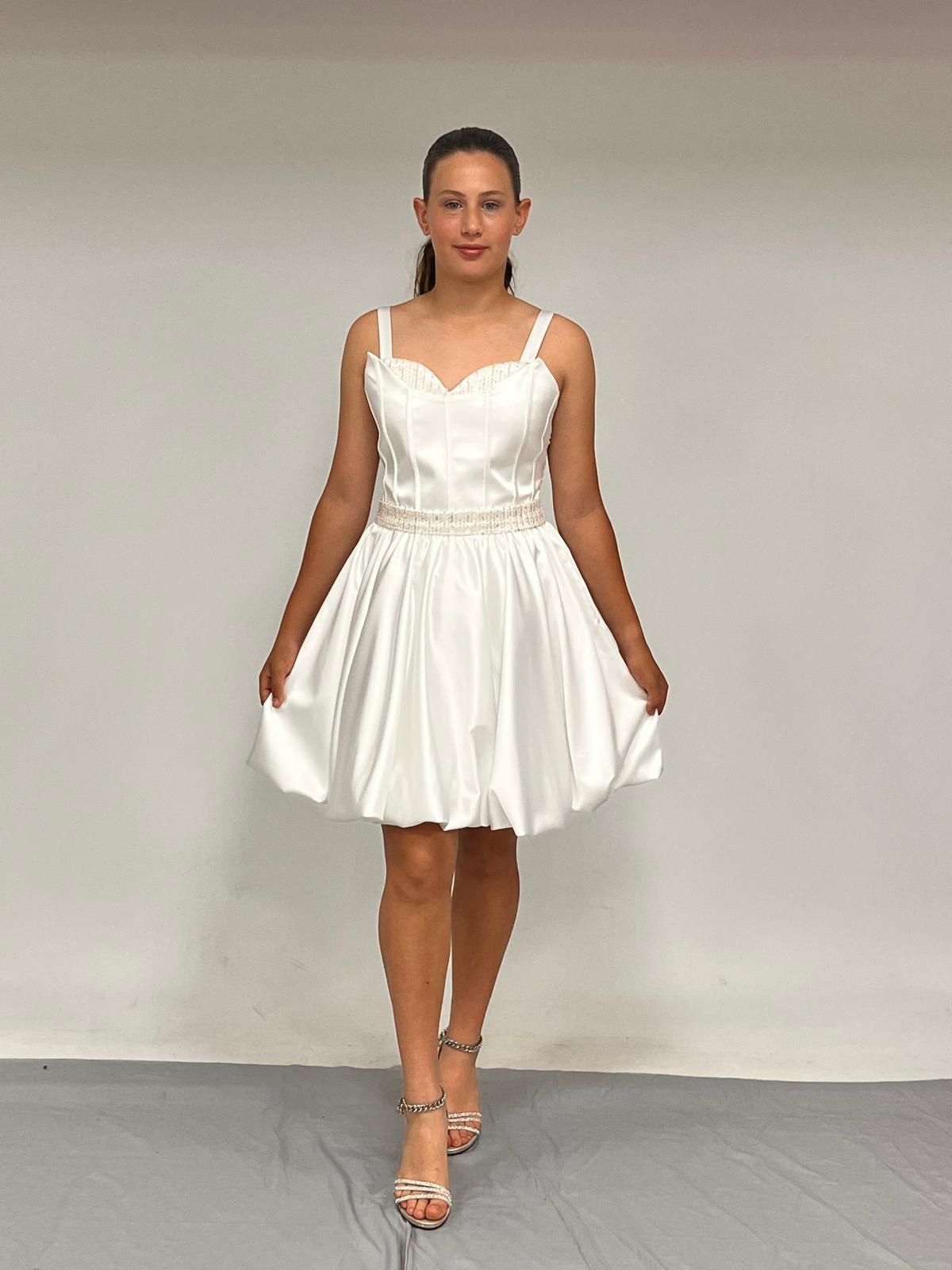 Kız Çocuk Askılı Mini Krem Pileli Payet Detaylı Kısa Balon Etek Abiye Elbise 10-15 Yaş