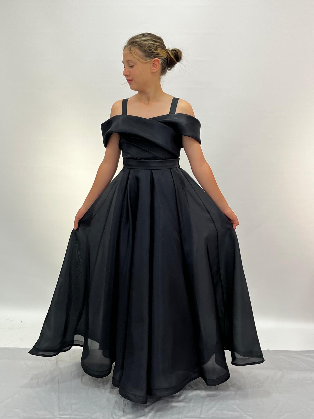 Kız Çocuk Abiye Uzun Siyah Askılı Şifon Abiye Elbise 6-14 Yaş