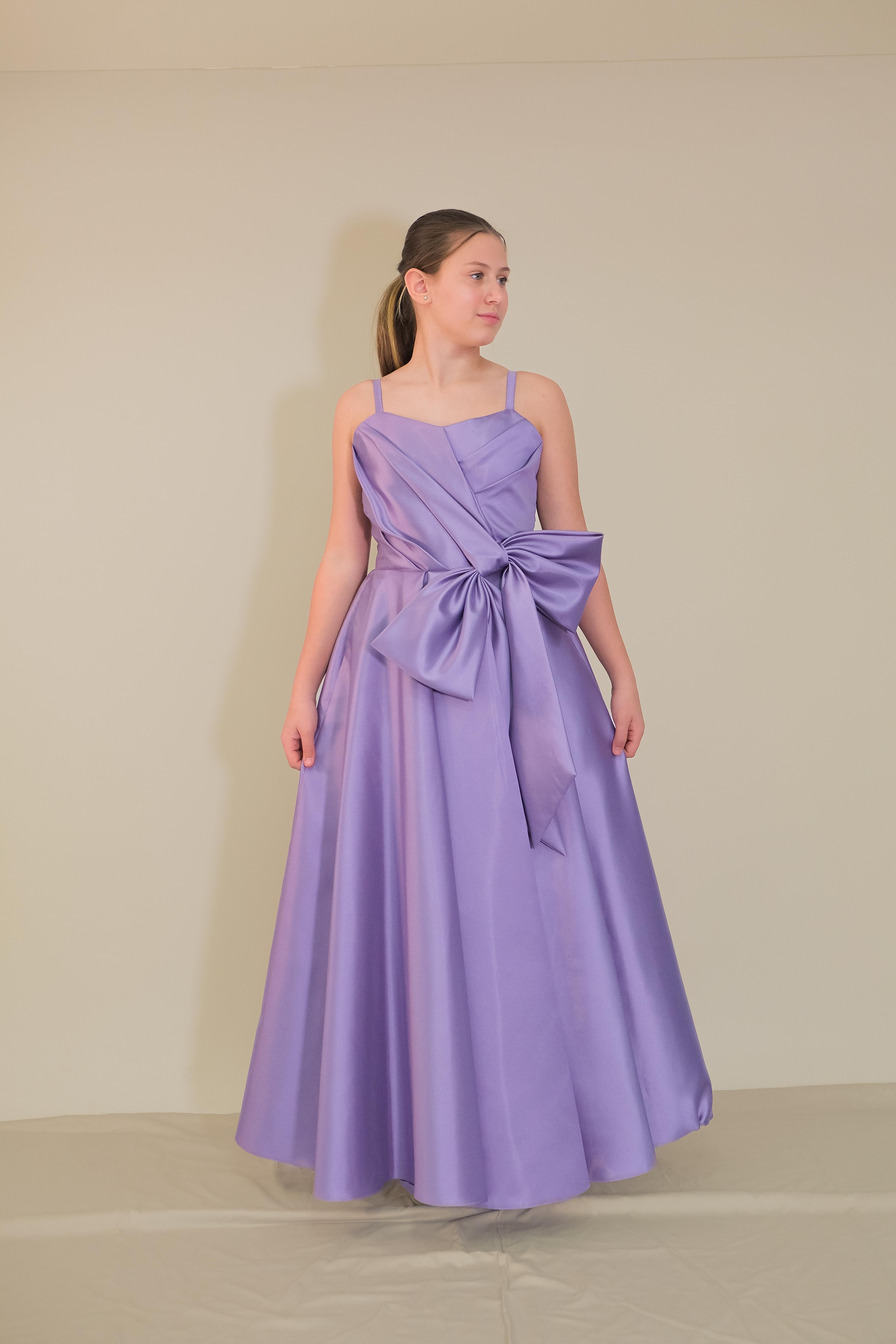 Kız Çocuk Abiye Askılı Lavanta  Mikado Kumaş Kalp Yaka Bel Fiyonk Detaylı Abiye Elbise 10-15 Yaş