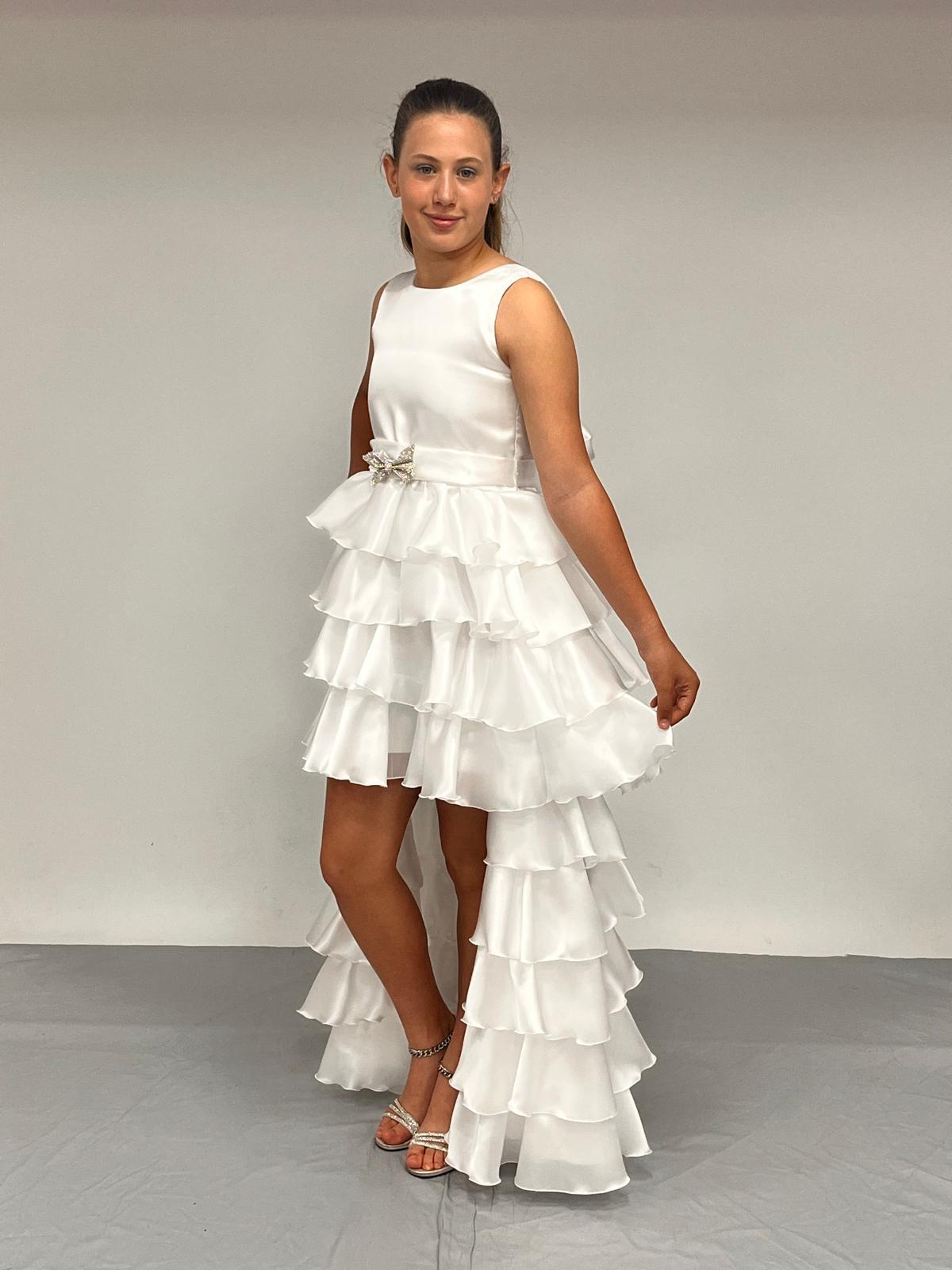 Kız Çocuk Abiye Kat Kat Kuyruklu Beyaz Saten Kuşaklı Abiye Elbise 7-15 Yaş