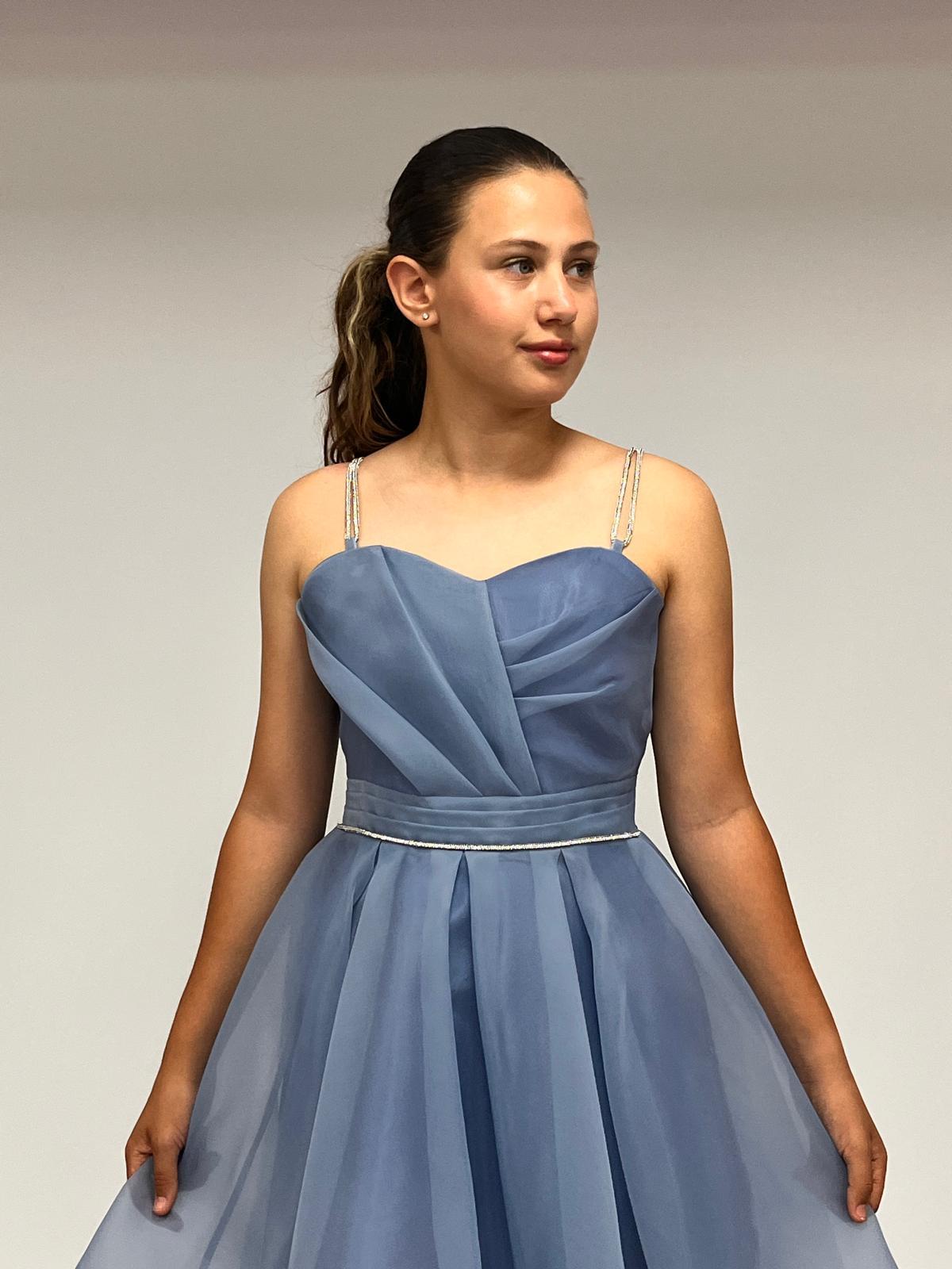 Kız Çocuk Abiye İndigoTaş Kordon Askılı Kalp Yaka  Kuyruklu  Şifon Abiye Elbise 10-15 Yaş