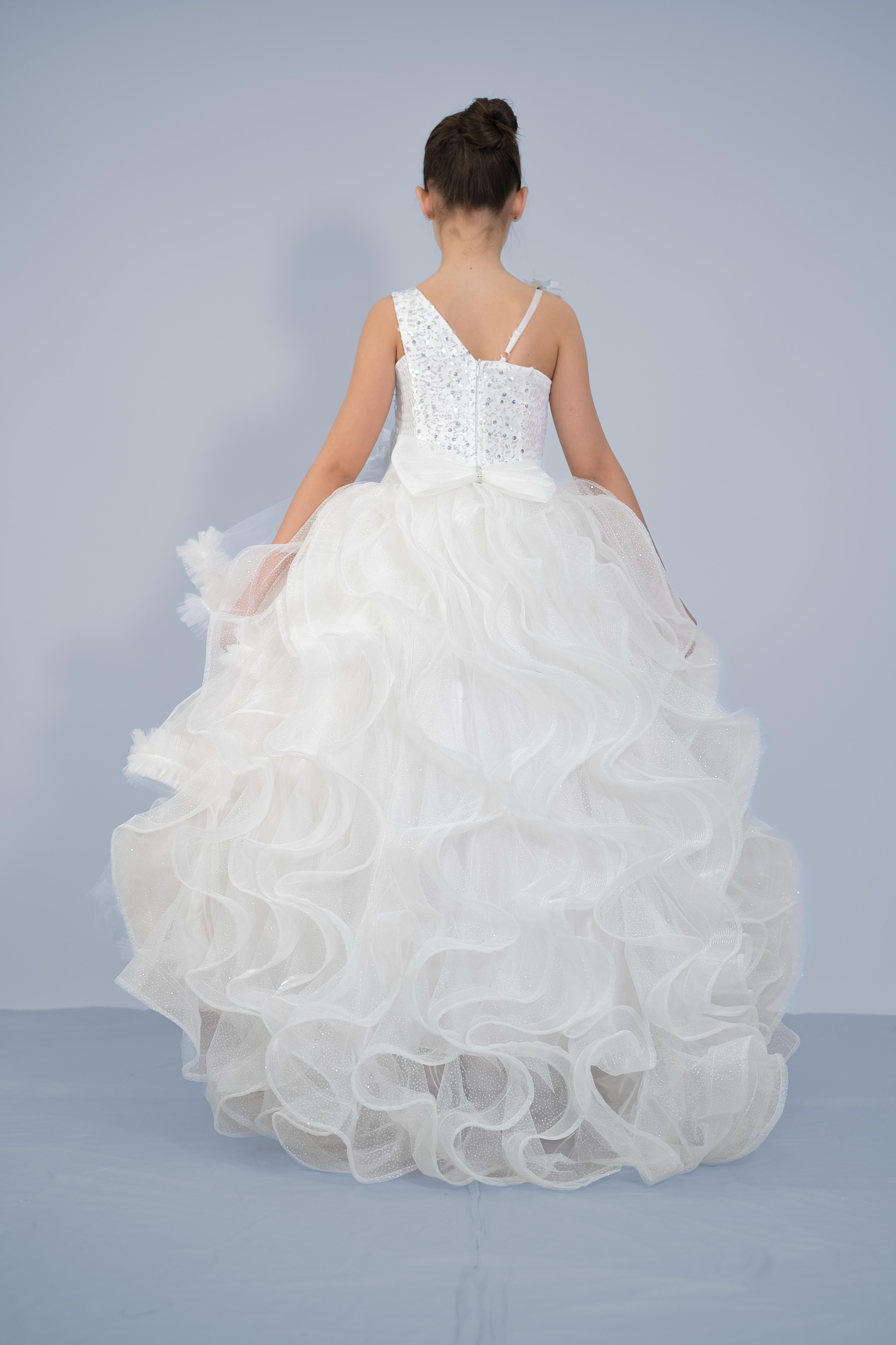 Kız Çocuk Askılı Beyaz Kat Kat Eteklı Kuyruklu Bonbuk İşlemeli Abiye 3-12 Yaş