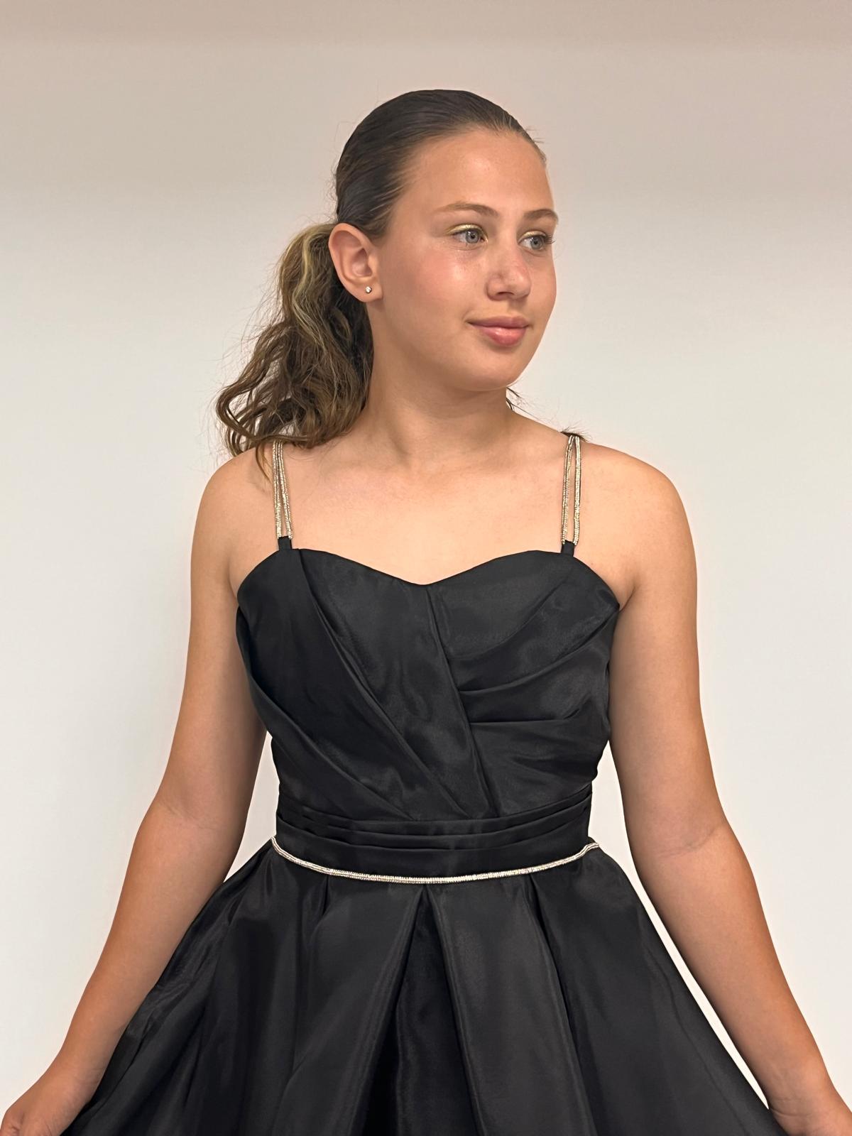 Kız Çocuk Abiye Siyah Taş Kordon Askılı Kalp Yaka  Kuyruklu  Şifon Abiye Elbise 10-15 Yaş