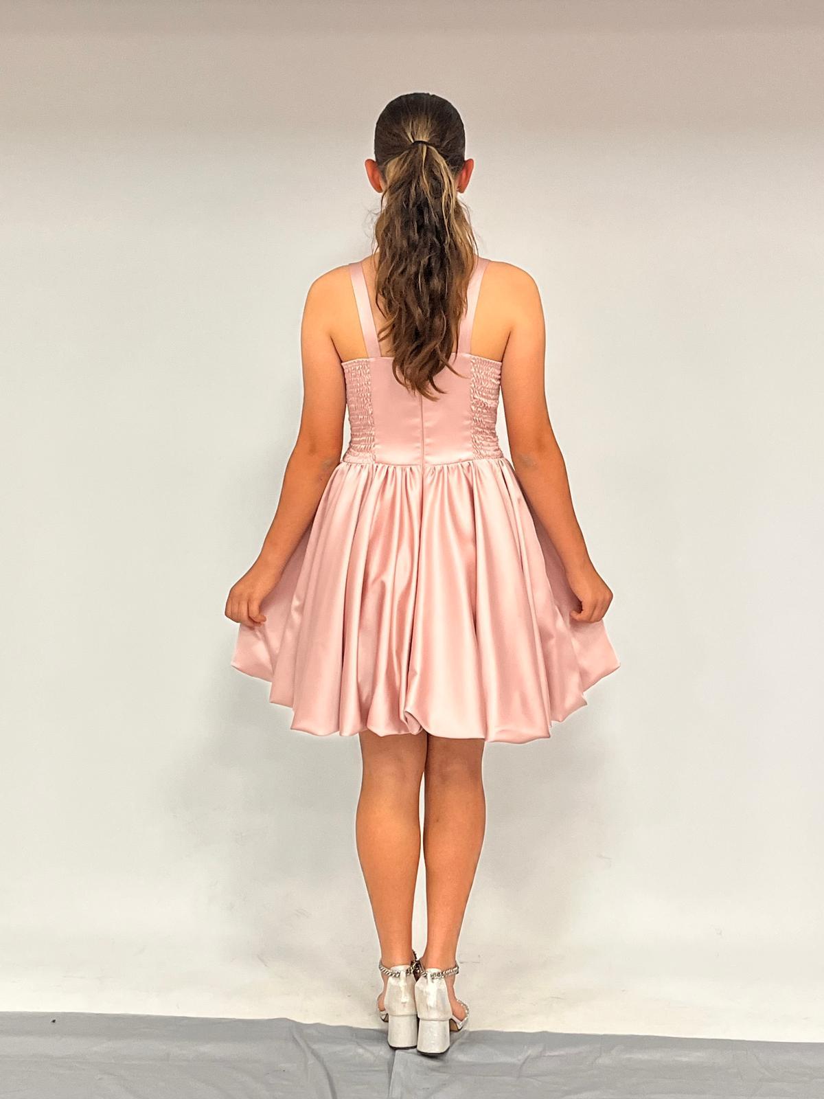 Kız Çocuk Askılı Mini Pudra Pileli Payet Detaylı Kısa Balon Etek Abiye Elbise 10-15 Yaş