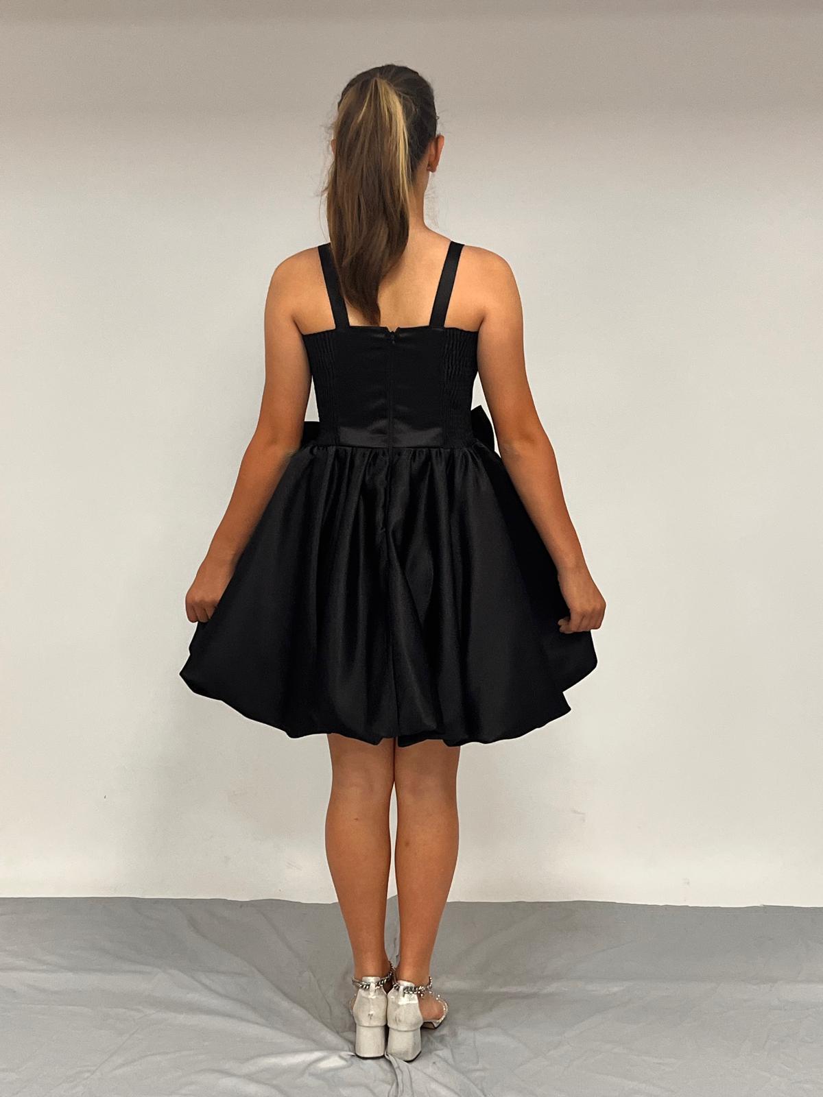 Kız Çocuk Abiye Siyah  Askılı Balon Etek Çıkabilen Fiyonk Detaylı Kısa Abiye Elbise 10-15 Yaş 