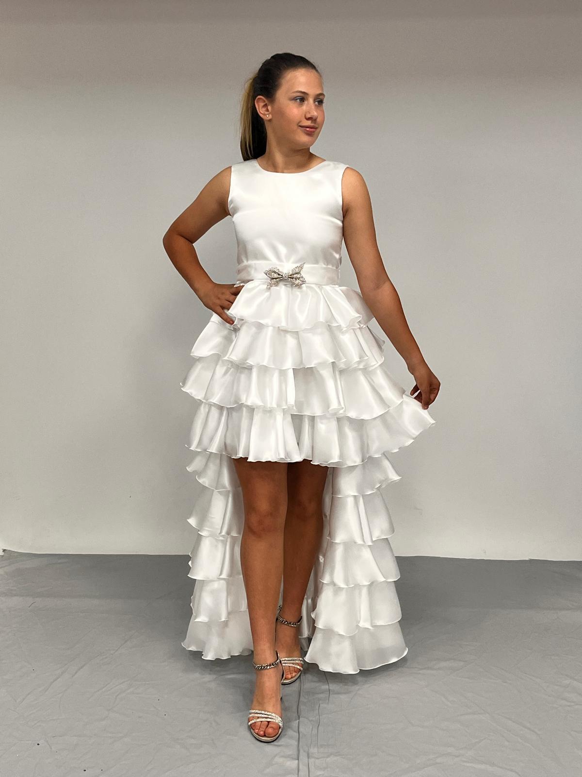 Kız Çocuk Abiye Kat Kat Kuyruklu Beyaz Saten Kuşaklı Abiye Elbise 7-15 Yaş