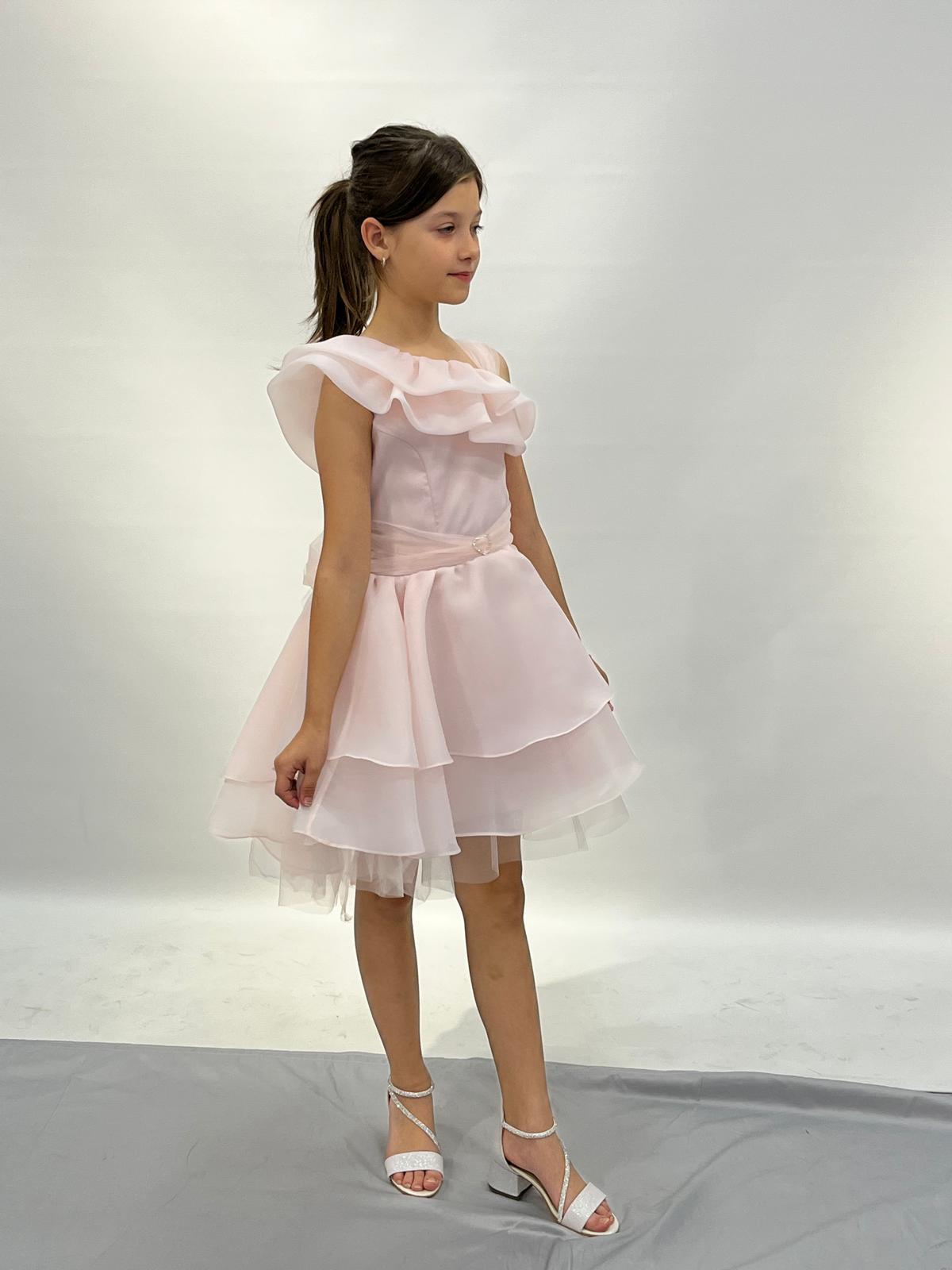 Kız Çocuk Abiye Pudra Kalp Tokalı Tek Omuz Detaylı Abiye Elbise 6-10 Yaş