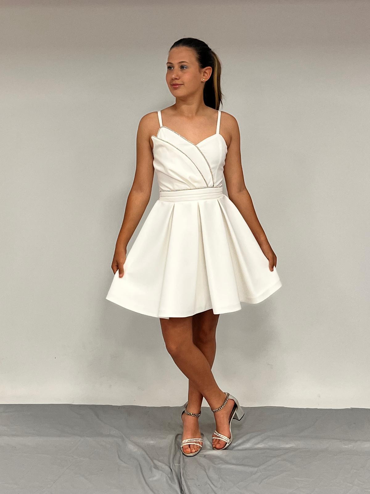 Kız Çocuk Abiye Kısa Krem Krep Kumaş  Askılı Asimetrik Yaka Şerit Taş Detaylı  Erkut  Abiye Elbise 10-15 Yaş