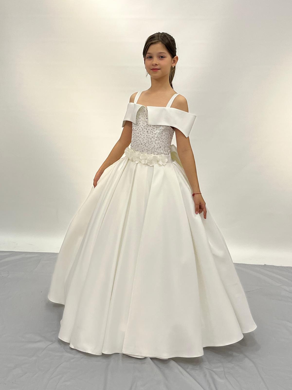 Kız Çocuk Abiye Krem Askılı Çiçekli Parlak Gelinlik 2-11 Yaş