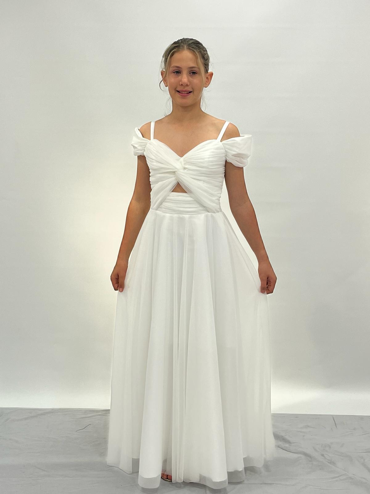 Kız Çocuk Krem Askılı Omuz Detaylı Pırıltılı Tüllü Uzun Abiye Elbise 10-15 Yaş