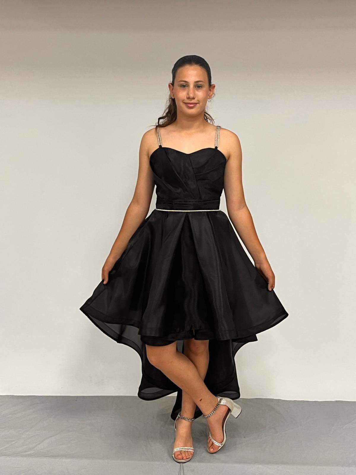 Kız Çocuk Abiye Siyah Taş Kordon Askılı Kalp Yaka  Kuyruklu  Şifon Abiye Elbise 10-15 Yaş