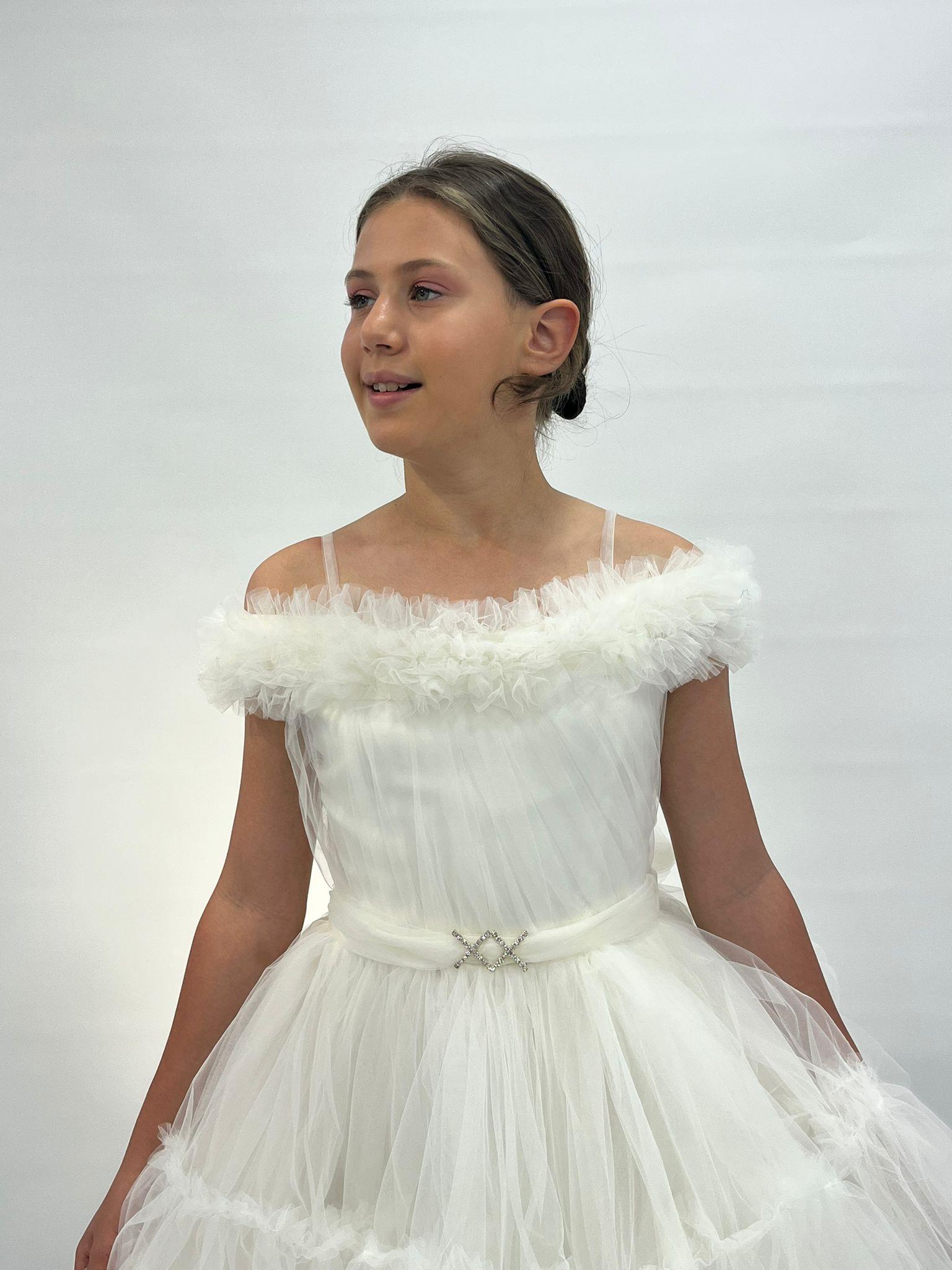 Kız Çocuk Abiye Ekru Askılı Yakası Fırfırlı Beli Tokalı Kısa Kat Tüllü Abiye Elbise 10-14 Yaş