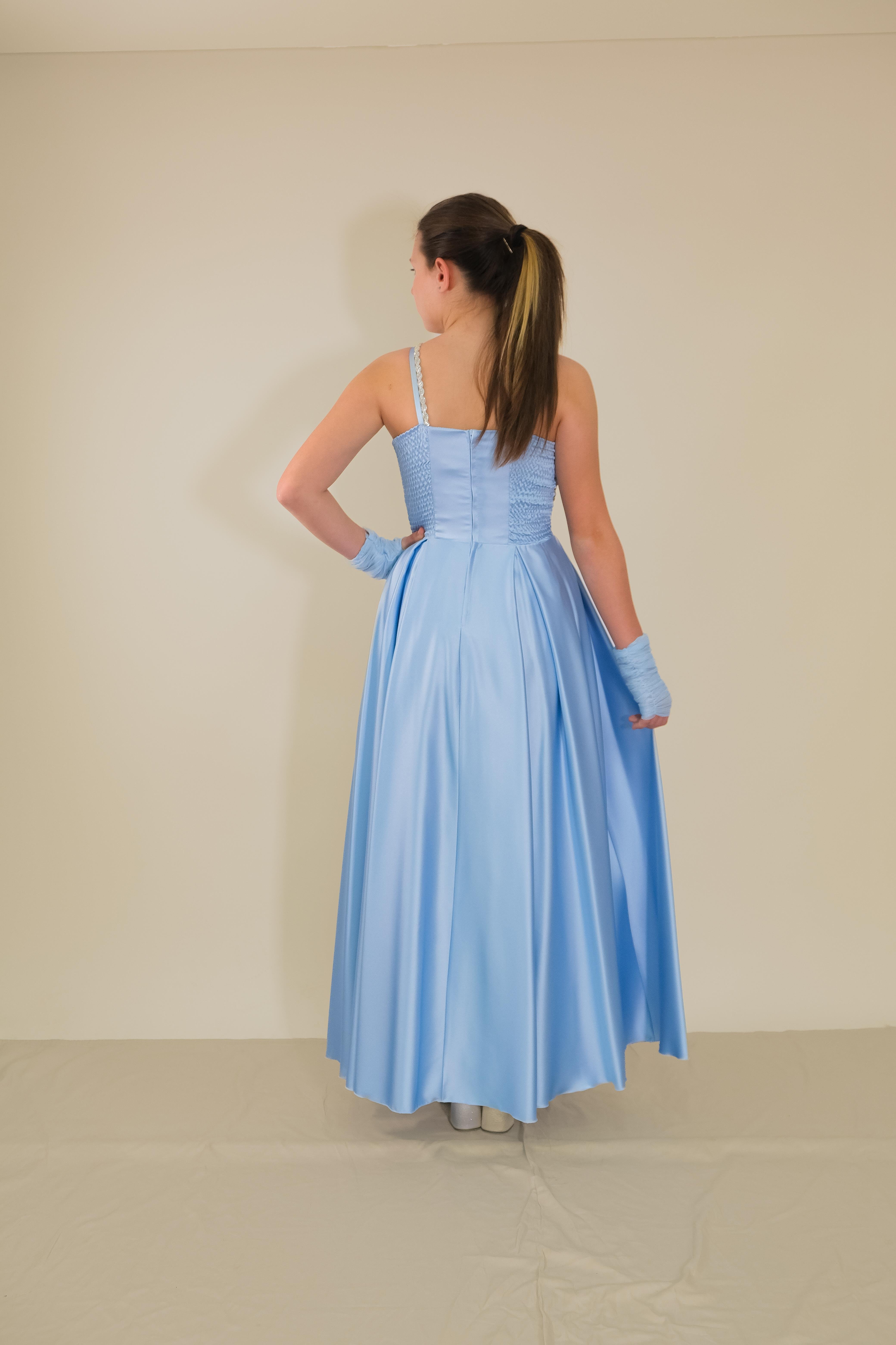 Kız Çocuk Abiye Bebe Mavi Uzun Saten  Asimetrik Yaka Örgü Taş Askı Tül Eldivenli Abiye Elbise 10-15 Yaş