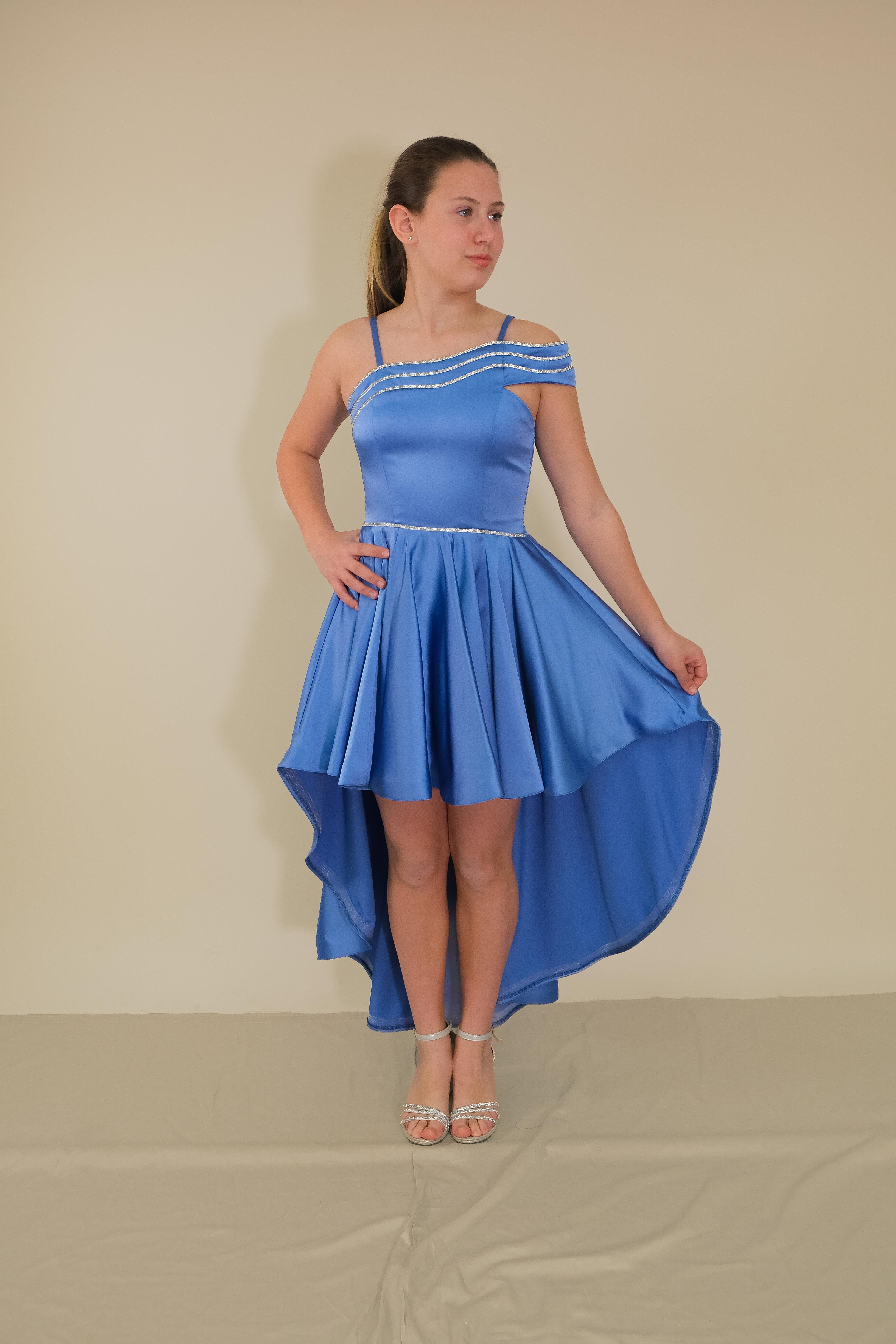 Kız Çocuk Abiye İndigo Saten Kuyruklu Yaka Şerit Taşlı Tek Kol Çıkabilen Tül Abiye Elbise 10-15 Yaş